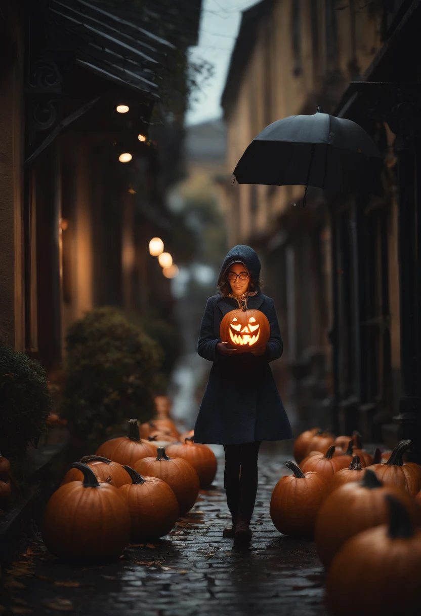 A nerdy girl is walking down a dark path decorated with halloween pumpkins, while it rains, with a book in her hands, makoto shiing, highly detailed, incredible quality, trending in artstation animenkai and studio ghibli, dramatic light