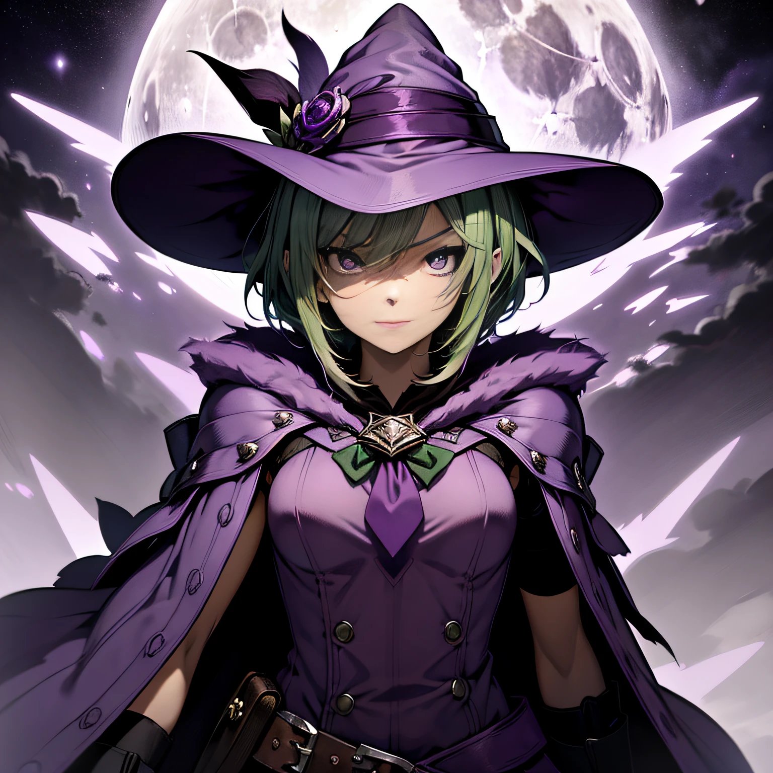 top-quality、extremely delicate and beautiful、(A teenage girl)、Purple Eye、Green hair、short-haired、(purple witch hat)、Purple tie、Soio、shortsleeves、Purple skirt、Purple Wizard Robe、Navel、is standing、Facing the front、Murderous expressions、Grinning、Full moon night on background、Only eyes