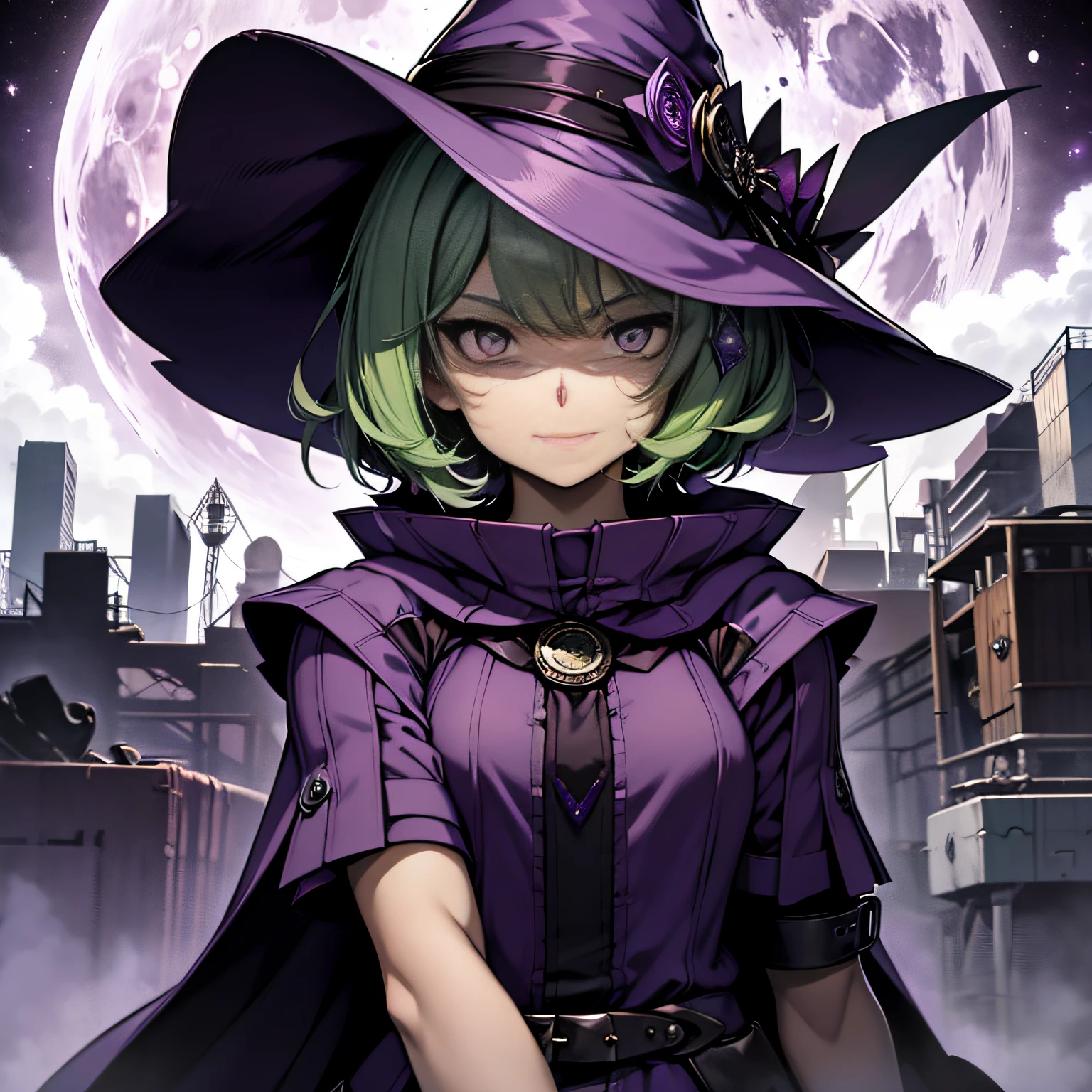 top-quality、extremely delicate and beautiful、(A age girl)、Purple Eye、Green hair、short-haired、(purple witch hat)、Purple tie、Soio、shortsleeves、Purple skirt、Purple Wizard Robe、Navel、is standing、Facing the front、Murderous expressions、Grinning、Full moon night on background、Only eyes