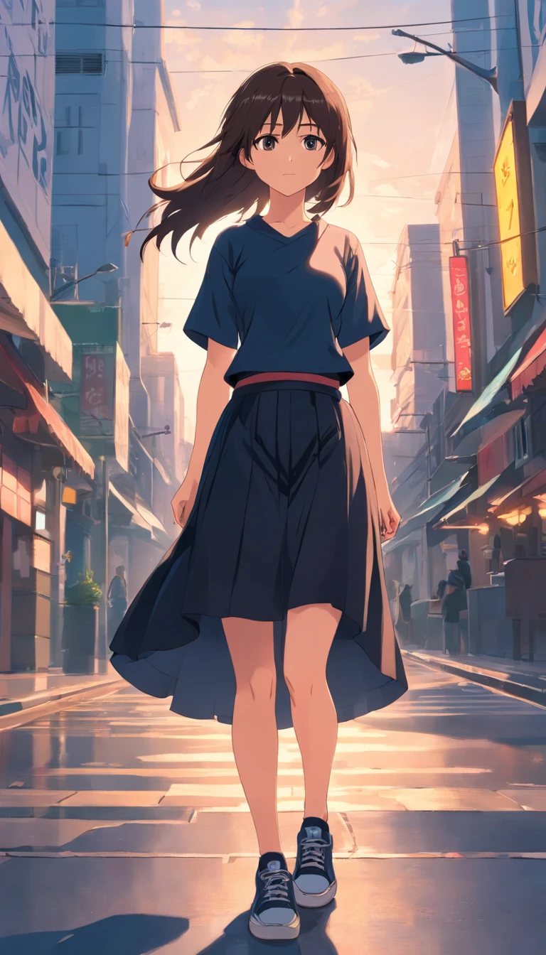 infp young woman，Normal appearance，medium build，Long hair that goes down to the waist，The eyes are sinister。She wears a black shirt and black skirt，Have you ever worn sneakers on your feet。