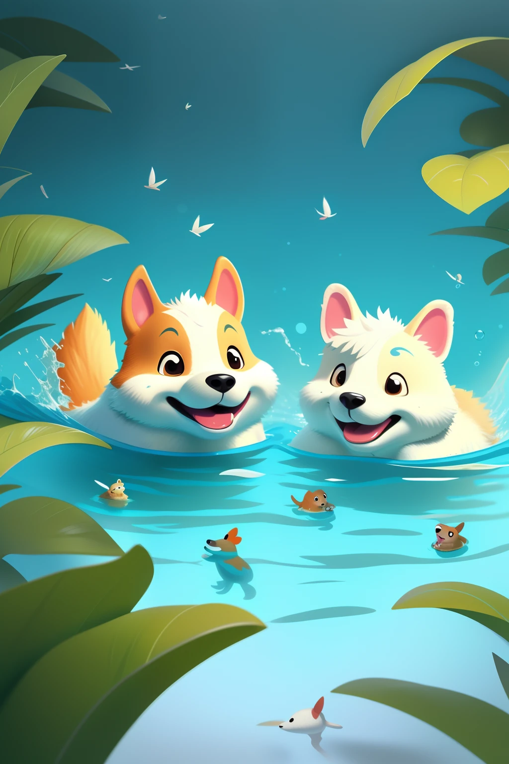 Puppies swimming in the pool wearing life jackets, cute corgi, amazing wallpapers, high-quality wallpaper, Cute detailed digital art, cute detailed artwork, cute artwork, full art, adorable digital art, Epic smooth illustrations, iphone wallpaper, Cute dog, lovely digital painting, bottom angles, Wallpaper phone, awww, extremely high quality artwork, Smooth edges, Detailed art