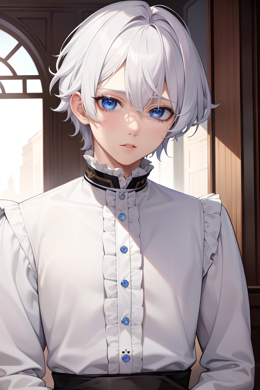 Masterpiece, Best quality, High quality, 1boys, Solo, Male focus, view the viewer, Upper body, Kia, Blue eyes, hair between eye, bangs, White hair,
