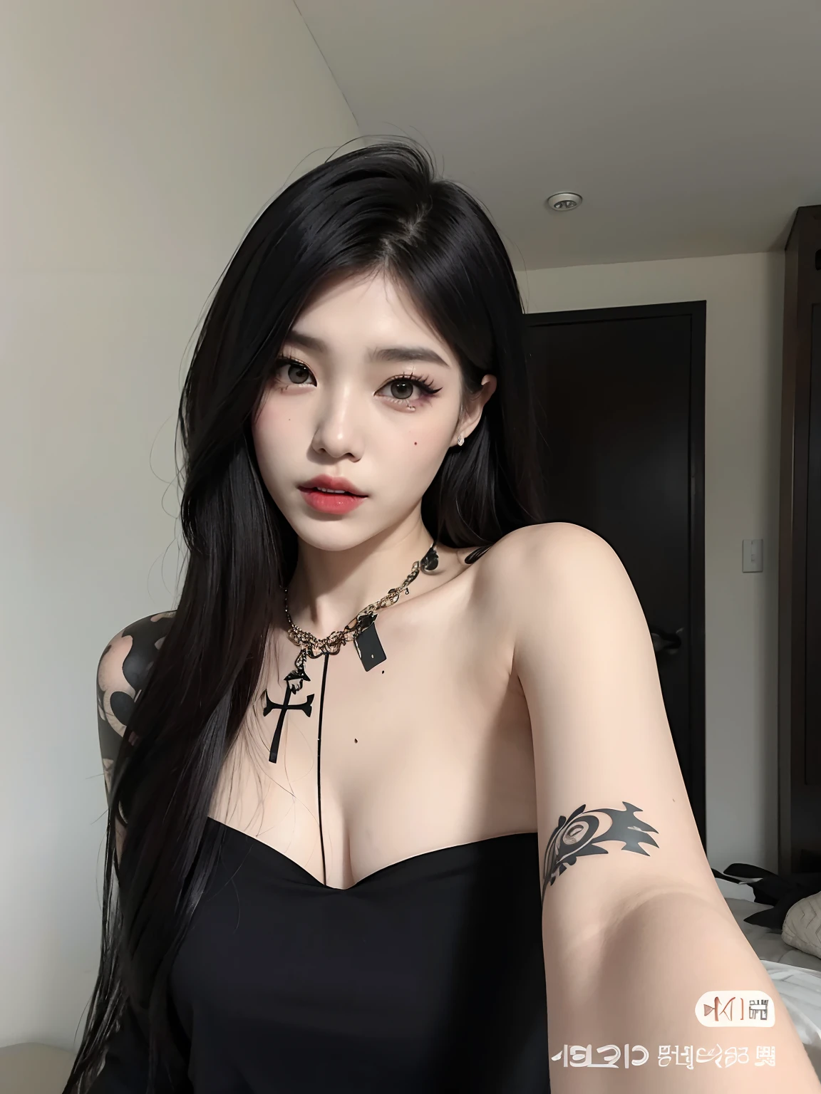 a close up of a woman with a tattoo on her arm, cruel korean goth girl, de menina taiwanesa com tatuagens, goth girl aesthetic, 1 7 - year - old goth girl, Ulzzang, usando gargantilha preta, gorgeous chinese model, menina coreana, linda mulher coreana jovem, Xision Wu, Mulher sul-coreana bonita, Xianxia de corpo inteiro, pale goth beauty