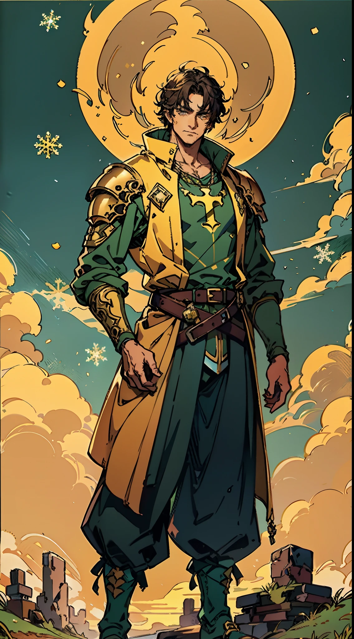 A middle-aged man with short golden hair, thick hair, a large cross scar on his face, has gentle eyes, a calm expression, a fantasy-style coat with leaf-shaped chest armor, the color scheme is mainly grass green, with earthy yellow as secondary colors, a belt around his waist, coarse cloth trousers, the background shows a medieval fantasy-style street with snowflakes falling, this character embodies a finely crafted fantasy-style soldier in anime style, characterized by an exquisite and mature manga illustration art style, high definition, best quality, highres, ultra-detailed, ultra-fine painting, extremely delicate, professional, anatomically correct, symmetrical face, extremely detailed eyes and face, high quality eyes, creativity, RAW photo, UHD, 8k, Natural light, cinematic lighting, masterpiece:1.5