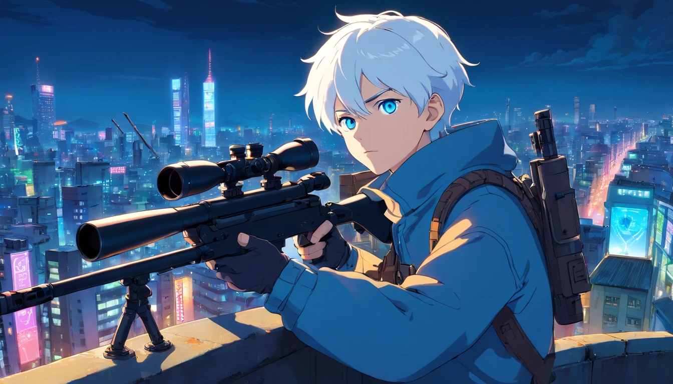1 man, short white hair, blue eyes, wearing a glowing cyberpunk suit, right eye on the scope of a sniper rifle, sky is dark, he is on the roof of a skyscraper