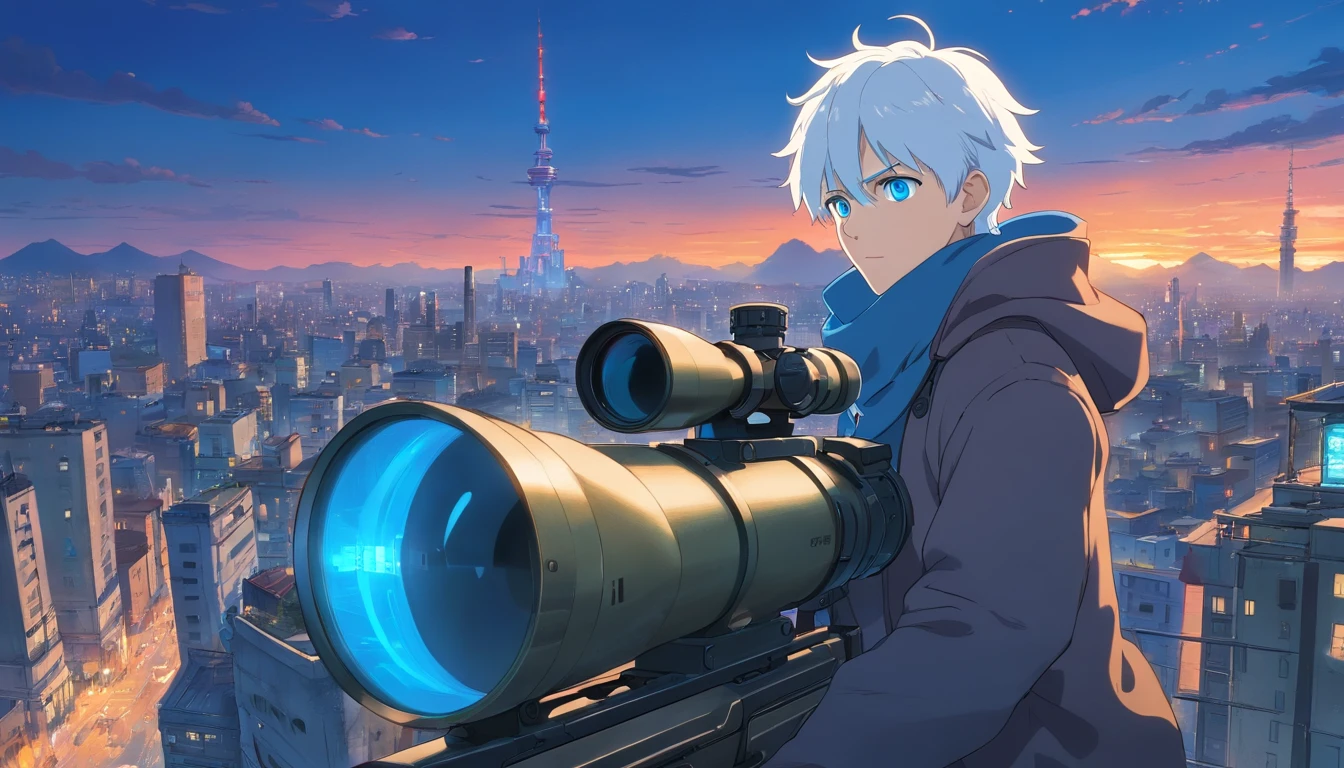 1 man, short white hair, blue eyes, wearing a glowing cyberpunk suit, right eye on the scope of a sniper rifle, sky is dark, he is on the roof of a skyscraper