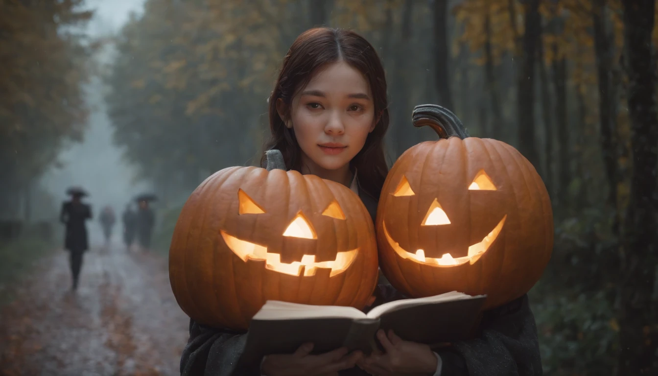 A nerdy girl is walking down a dark path decorated with halloween pumpkins, while it rains, with a book in her hands, makoto shiing, highly detailed, incredible quality, trending in artstation animenkai and studio ghibli, dramatic light