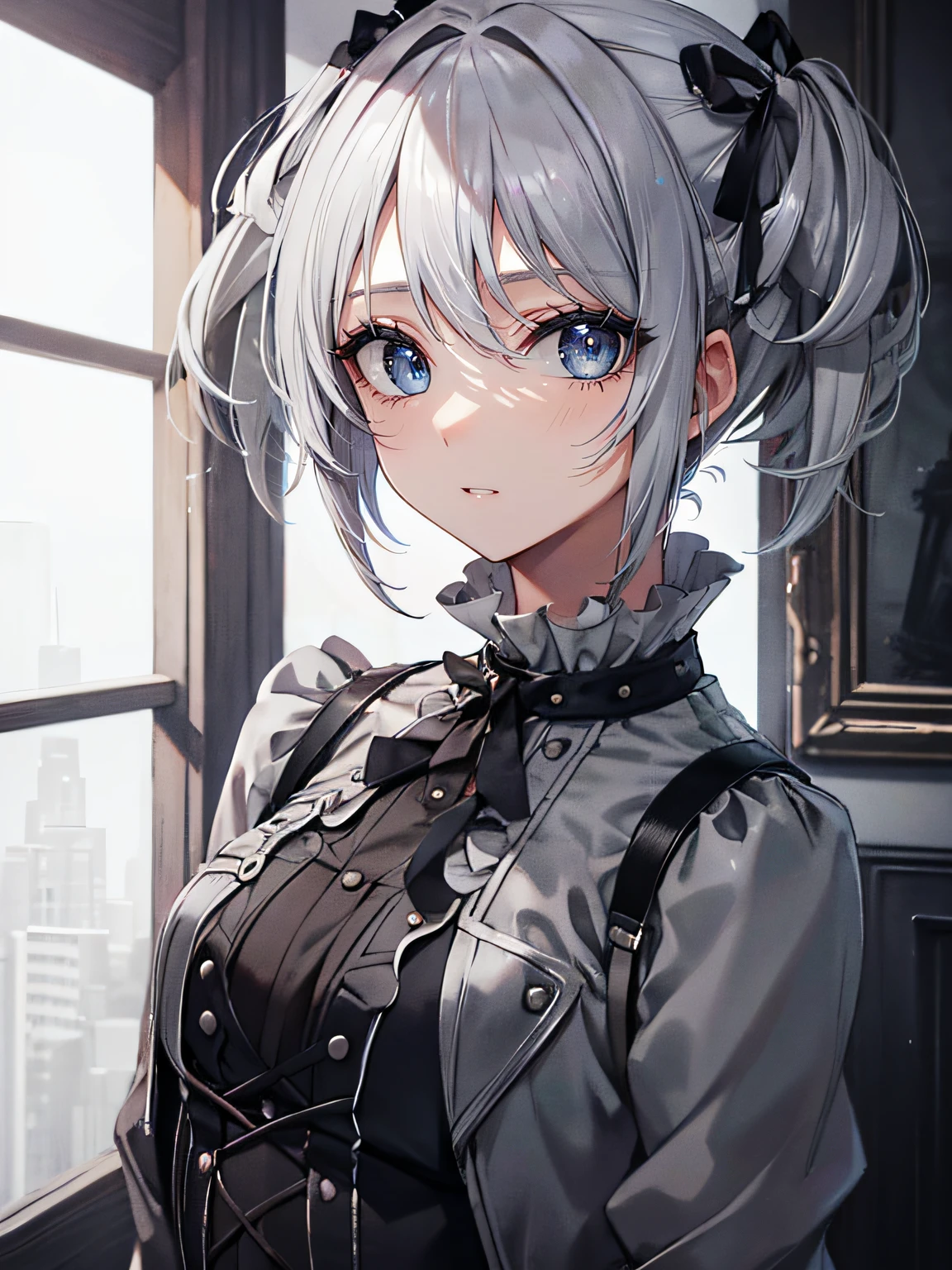 (masutepiece,Best Quality,Ultra-detailed),1girl in,White, silver and gray hair,Short hair,short twintails,(messy hair style),Gothic punk fashion, beautiful and detailed face, Detailed eyes,(grey theme),Looking at Viewer,Top,Jacket,Small chest,In the room,Looking at Viewer