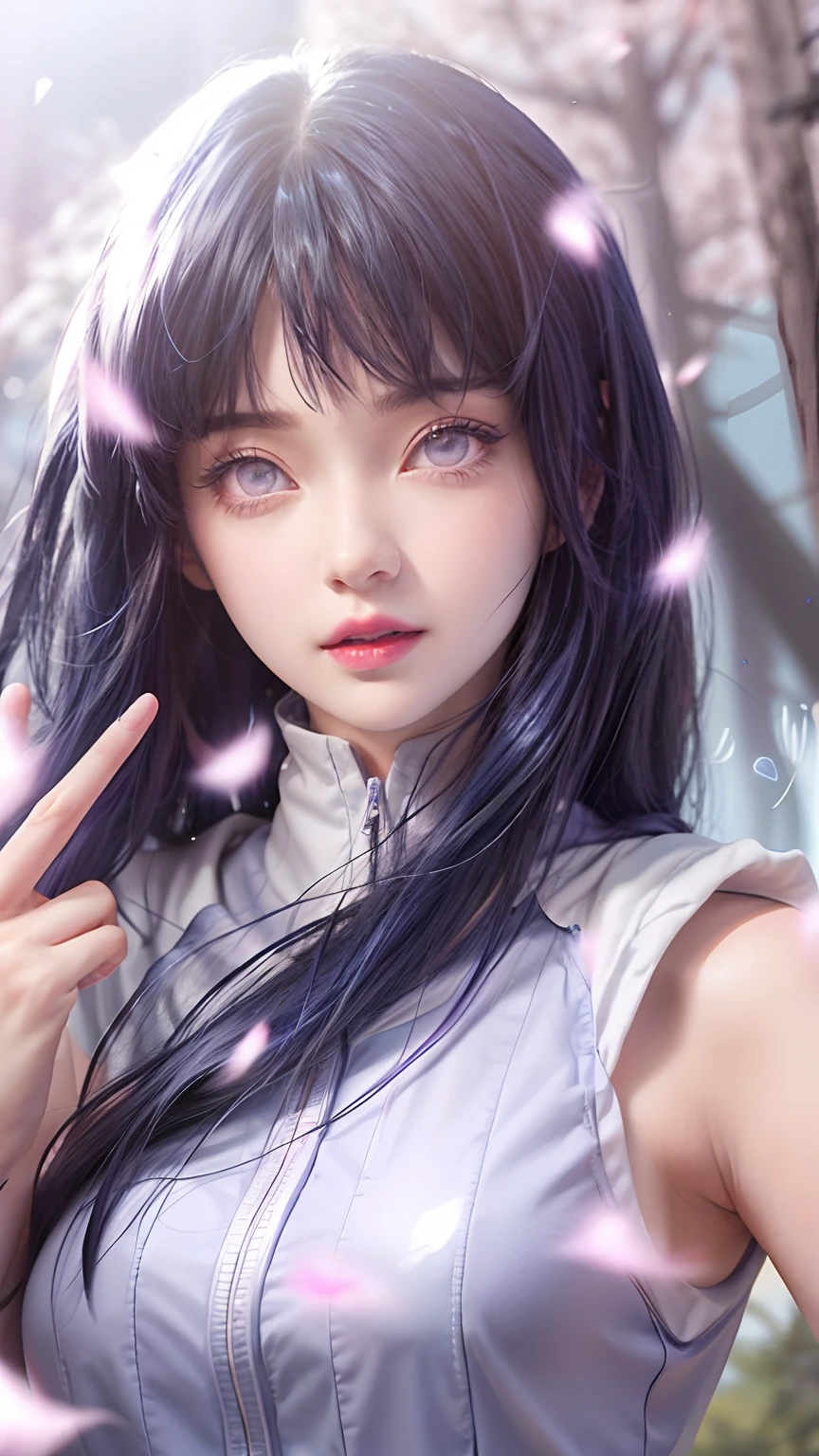 a close up of a person with long hair and a hoodie, hinata hyuga, hinata hyuga from naruto, from naruto, as an anime character, perfect anime face, she has dark blue hair with bangs, female anime character, anime character, anime best girl, hime cut hairstyle, dark blue hair, (red glossy lips:1.3), light purple eyes, big breasts, realistic, ultra detail