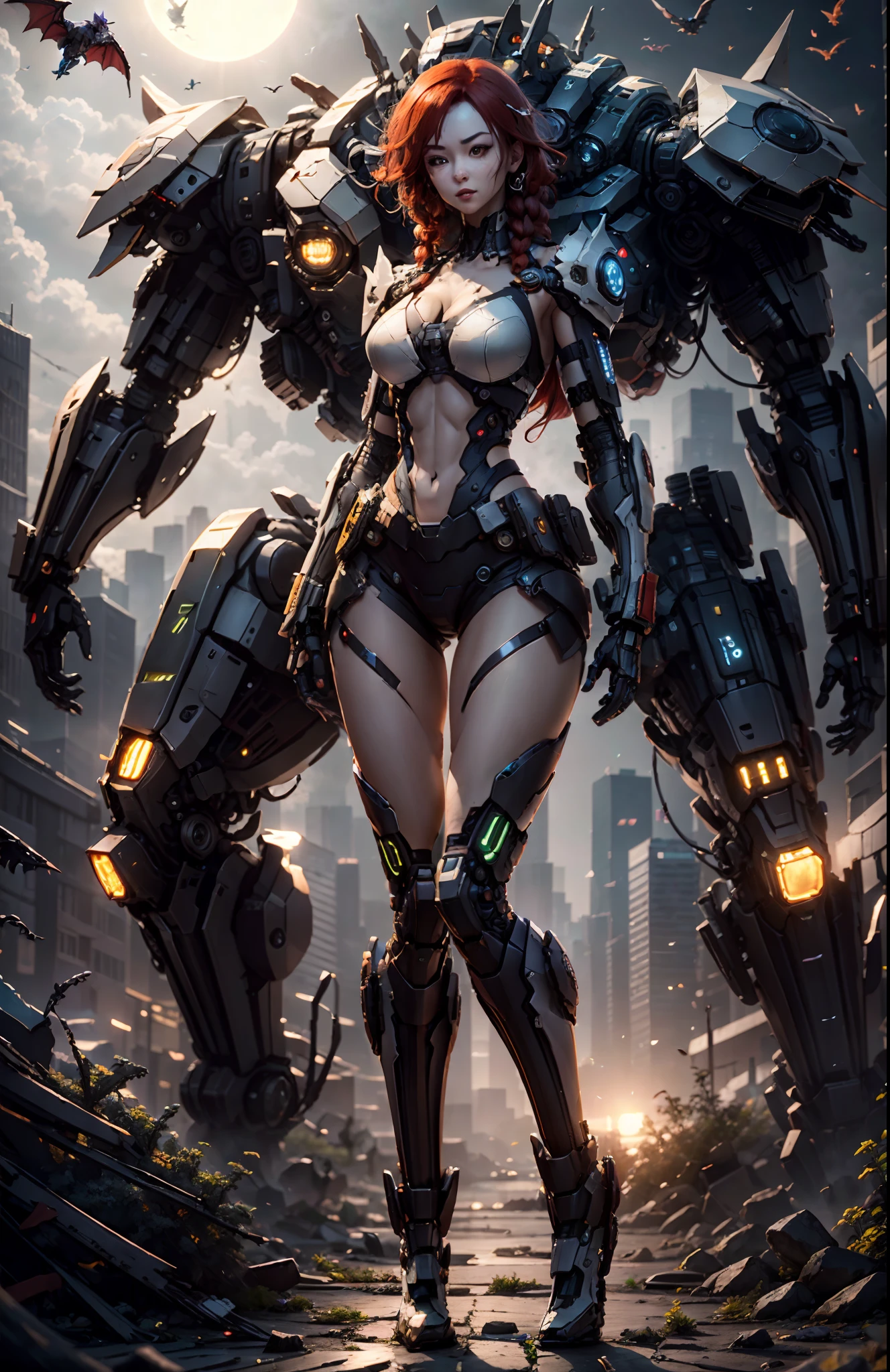 (Best Quality)), ((Masterpiece)), (Very Detailed: 1.3), 3D, Beautiful cyberpunk woman, batman cosplay, sci-fi technology, HDR (High Dynamic Range), ray tracing, nvidia RTX, super resolution, unreal 5, subsurface scattering, PBR texture, post-processing, anisotropic filtering, depth of field, maximum sharpness and sharpness, multi-layer texture, specular and albedo mapping, surface shading, accurate simulation of light-material interactions, perfect proportions, octane rendering, duotone lighting, low ISO, white balance, rule of thirds, wide aperture, 8K RAW, high efficiency subpixels, subpixel convolution, light particles, light scattering, Tyndall effect, very sexy bikini, full body, battle pose, red hair with braids, bats in the sky notuno, full moon,