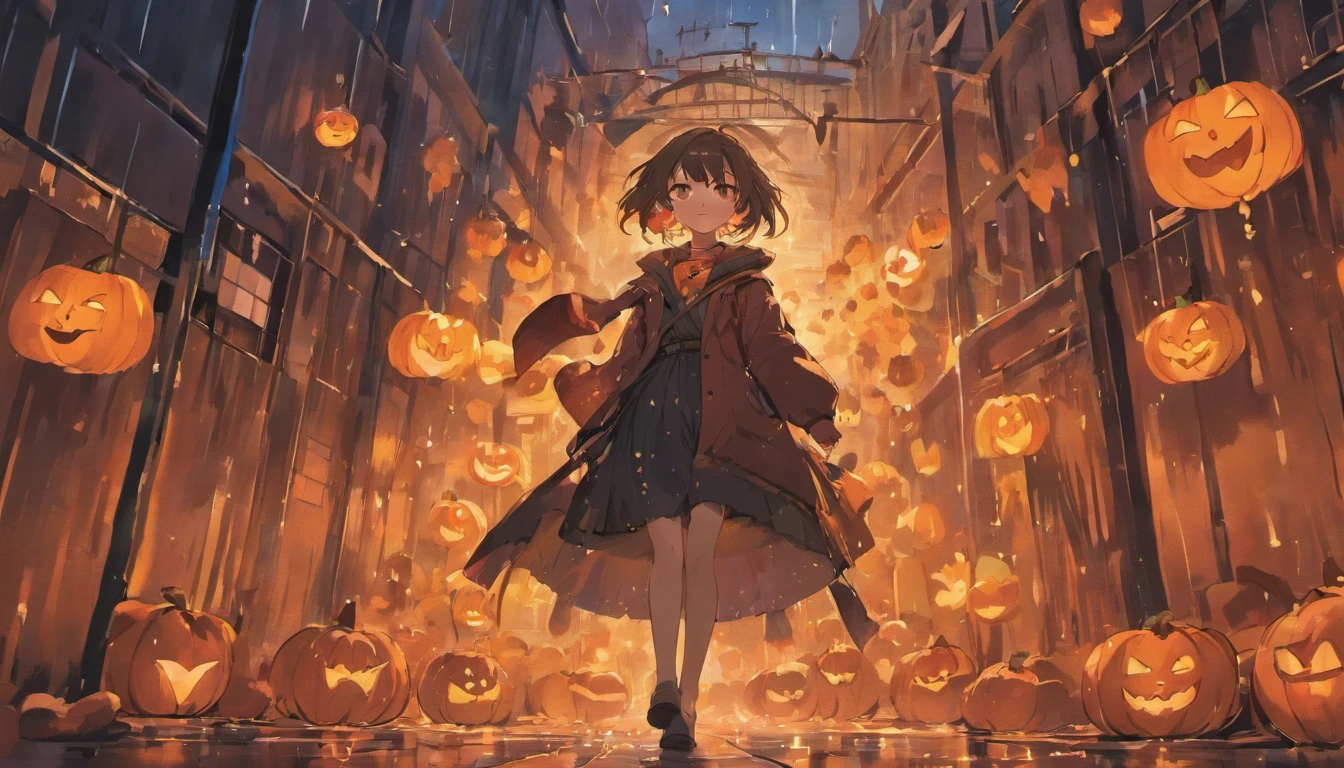 A nerdy girl is walking down a dark path decorated with halloween pumpkins, while it rains, with a book in her hands, makoto shiing, highly detailed, incredible quality, trending in artstation animenkai and studio ghibli, dramatic light
