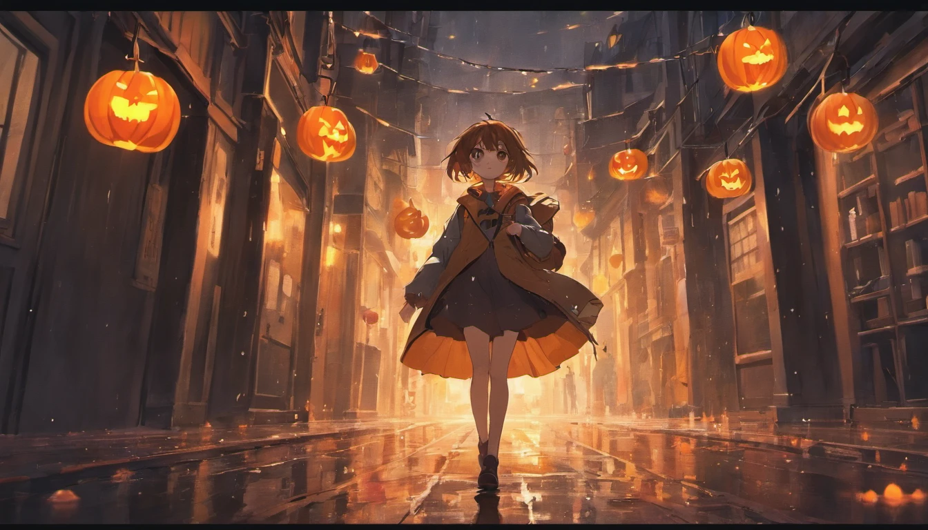 A nerdy girl is walking down a dark path decorated with halloween pumpkins, while it rains, with a book in her hands, makoto shiing, highly detailed, incredible quality, trending in artstation animenkai and studio ghibli, dramatic light