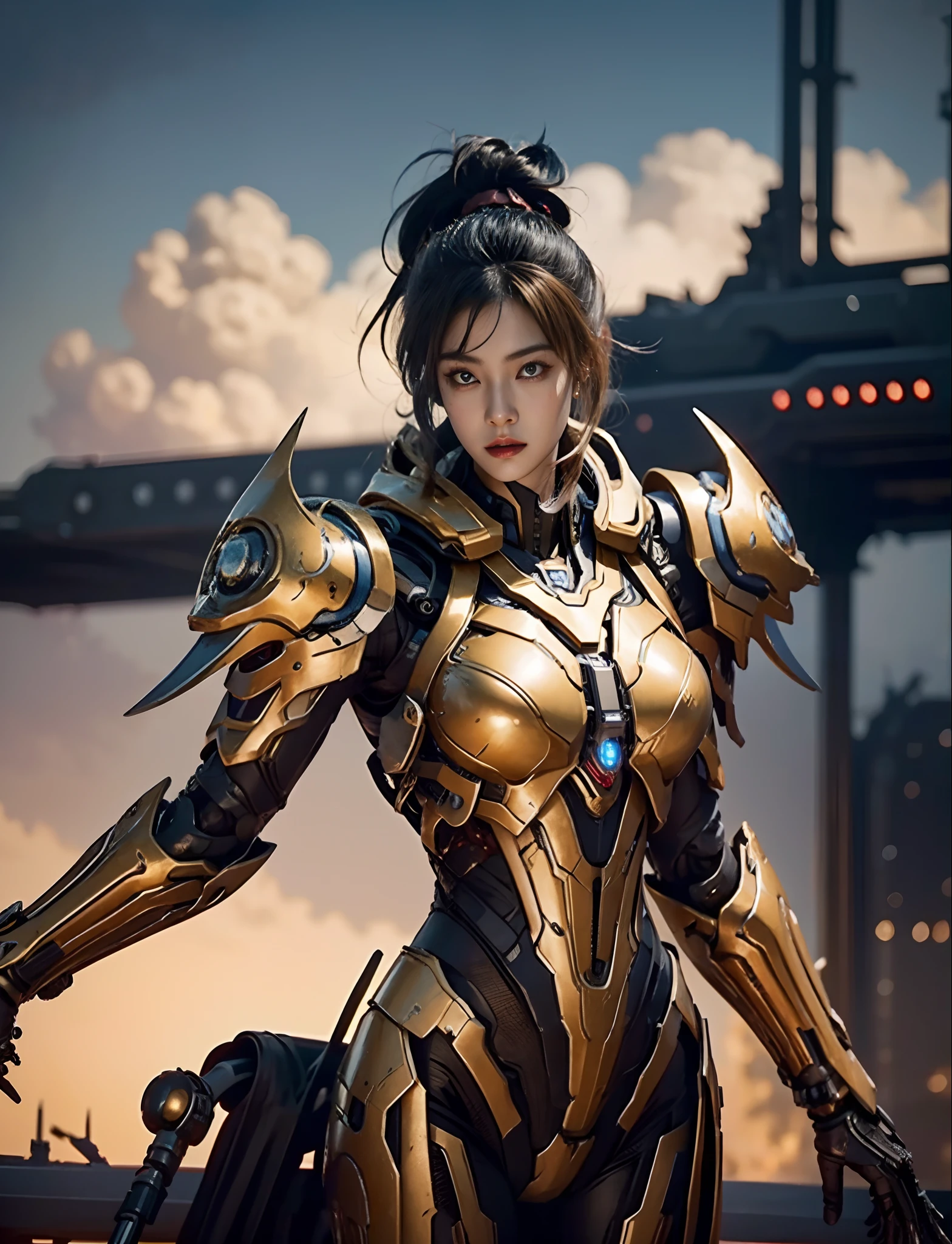 Space marine, harhammer 40,000, world at war, 1 beautiful cyberpunk woman,Has a very detailed aura mech chef treat, anatomy correct,Accurate and perfect Korean female face,Body golden ratio,Vibrant colors, metallic red, dirty with blood, Sky with clouds,Full moon and battleships, full bodyesbian,Looking at the audience,Detailed armor, bloody battlefield, Cybertron Planetary Wars
