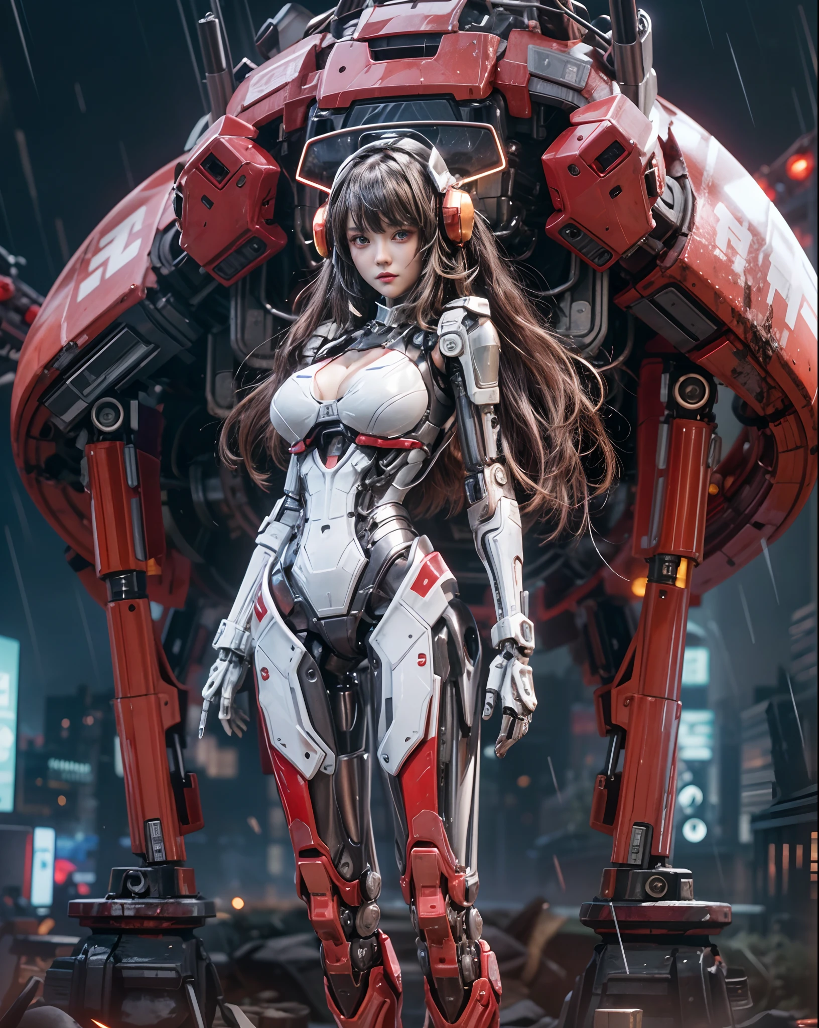 1girll, full bodyesbian, Solo, Large breasts, Cyberpunk, Outdoors, 废墟, Cityscape, red color eyes, Very long hair, mecha musume, mechanicalparts, robotjoints, Android, White mechanical body, standing, Cowboy shot, sad expression, A mechanical halo on the head, rain, Headgear, White mech masterpiece, Best quality,unbelievable Ridiculous, The world in the Cybertronian planetary wars, Glowing spheres and battleships, Facing the camera,Detailed Chinese armor, bloody battlefield,first person perspective,Global illumination,pov, atmospheric perspective, first-person view, 8k, super detail, ccurate, best quality, UHD