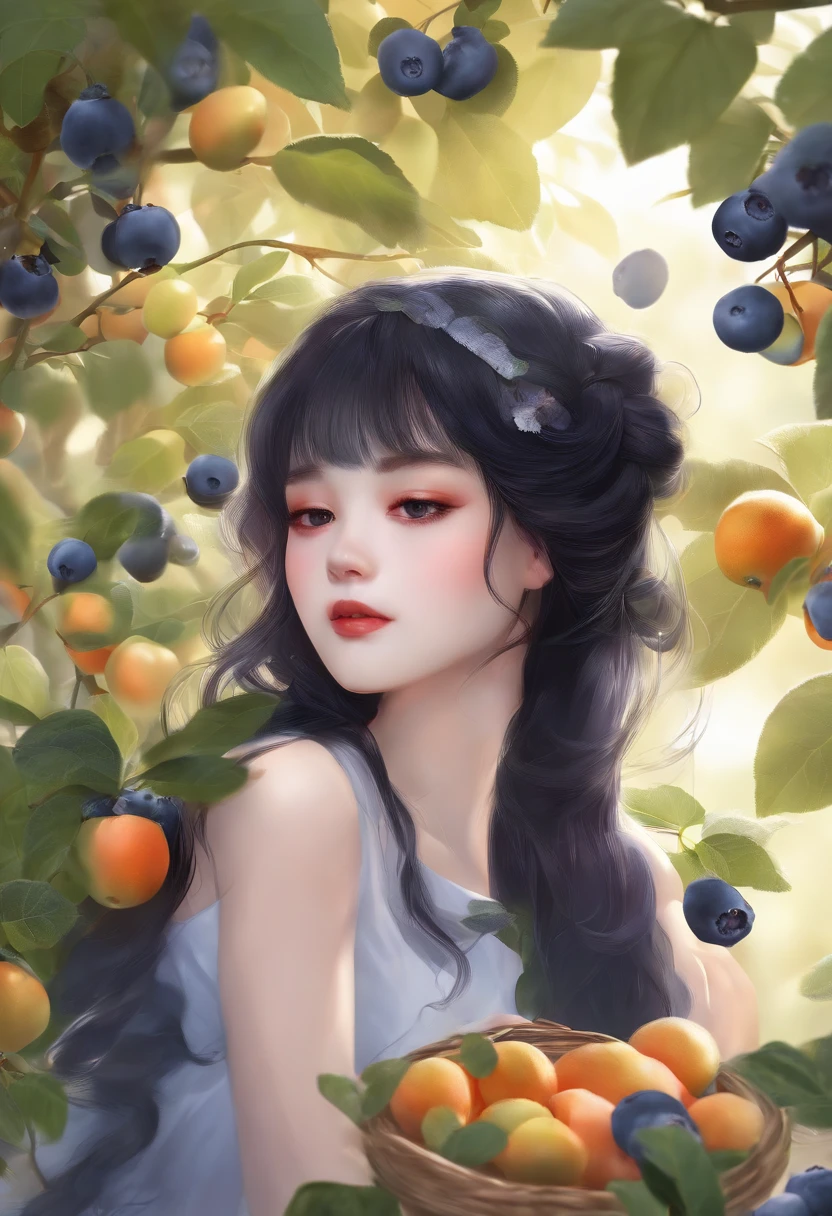 1girl, ((blueberry,fruits)),white background, black hair,