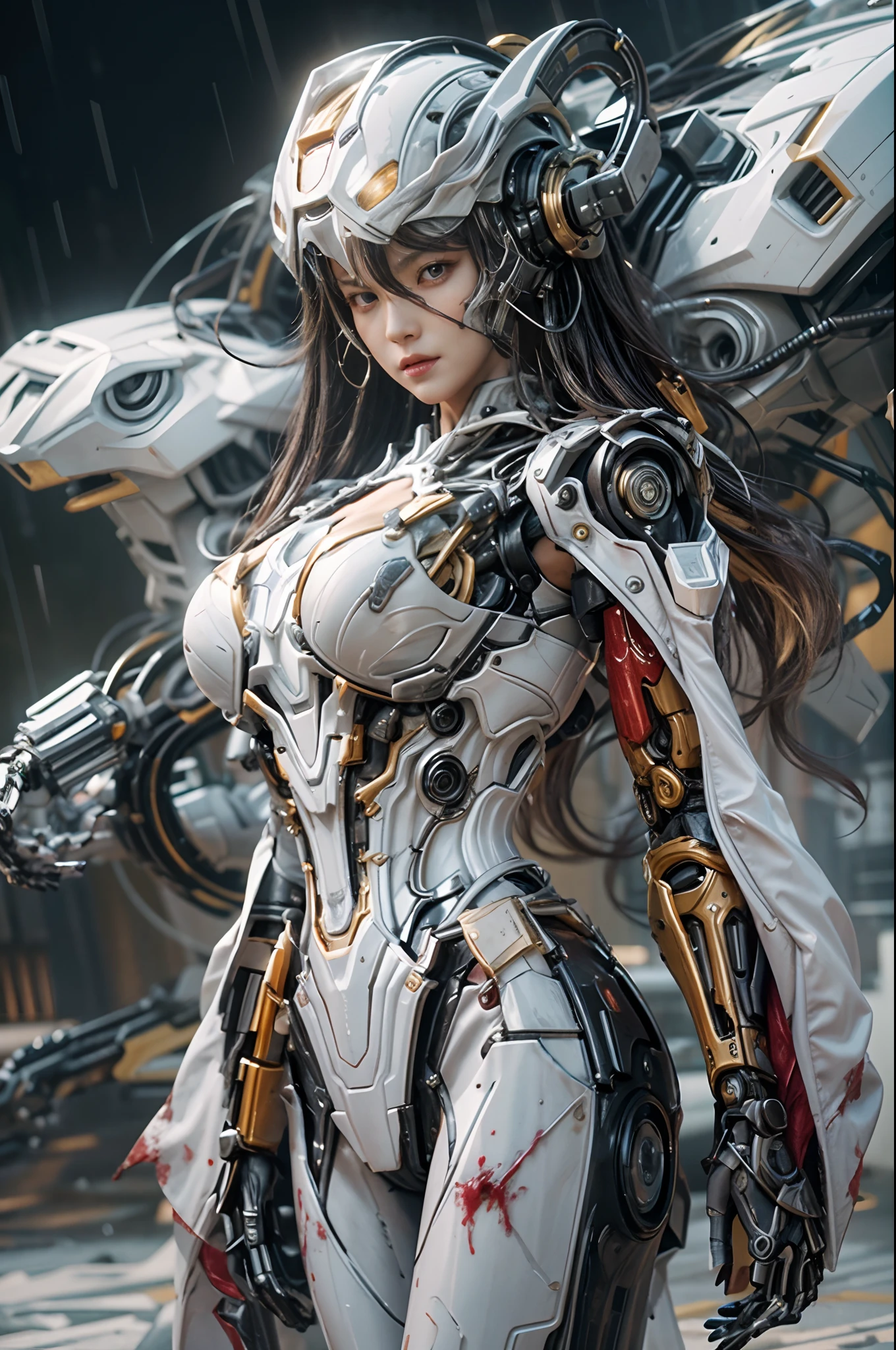 (1 beautiful cyberpunk woman，There is a very detailed aura mech chef treat, anatomy correct，Accurate and perfect Korean female face，Body golden ratio), full bodyesbian, Solo, Large breasts, Cyberpunk, Outdoors, 废墟, Cityscape, red color eyes, Very long hair, mecha musume, mechanicalparts, robotjoints, Android, White mechanical body, standing, Cowboy shot, sad expression, A mechanical halo on the head, rain, Headgear, White mech masterpiece, Best quality,unbelievable Ridiculous, The world in the Cybertronian planetary wars, Glowing spheres and battleships, Facing the camera，Detailed ancient Chinese armor, bloody battlefield，first person perspective，Global illumination，pov, atmospheric perspective, first-person view, 8k, super detail, ccurate, best quality, UHD, WARFRAME