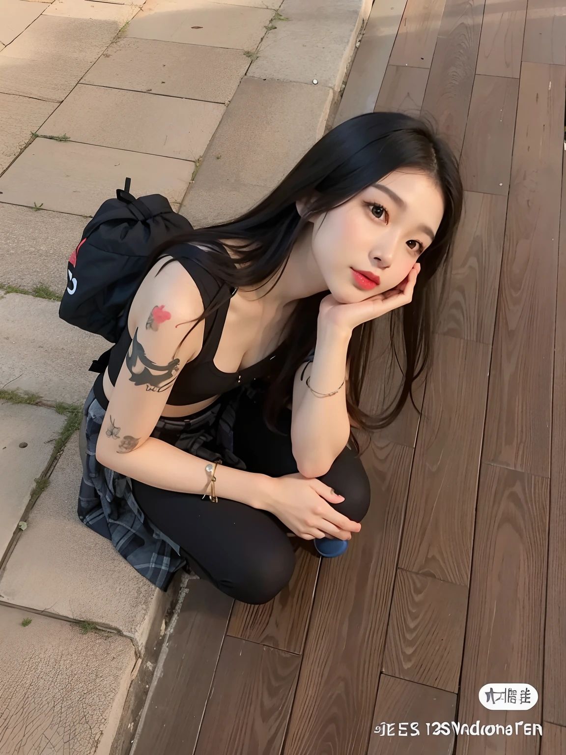 Woman sitting on the floor with her hand on her chin, de menina taiwanesa com tatuagens, a young asian woman, com tatuagens, Xision Wu, young asian girl, Menina chinesa, Asian girl with long hair, cruel korean goth girl, senta-se em um telhado, com longos cabelos pretos, Asian girl, Gongbi, Wenfei Ye