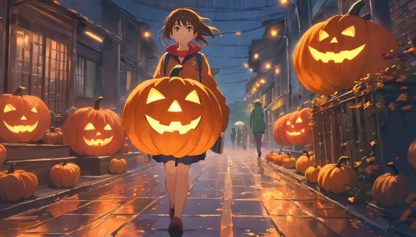 A nerdy girl is walking down a dark path decorated with halloween pumpkins, while it rains, with a book in her hands, makoto shiing, highly detailed, incredible quality, trending in artstation animenkai and studio ghibli, dramatic light