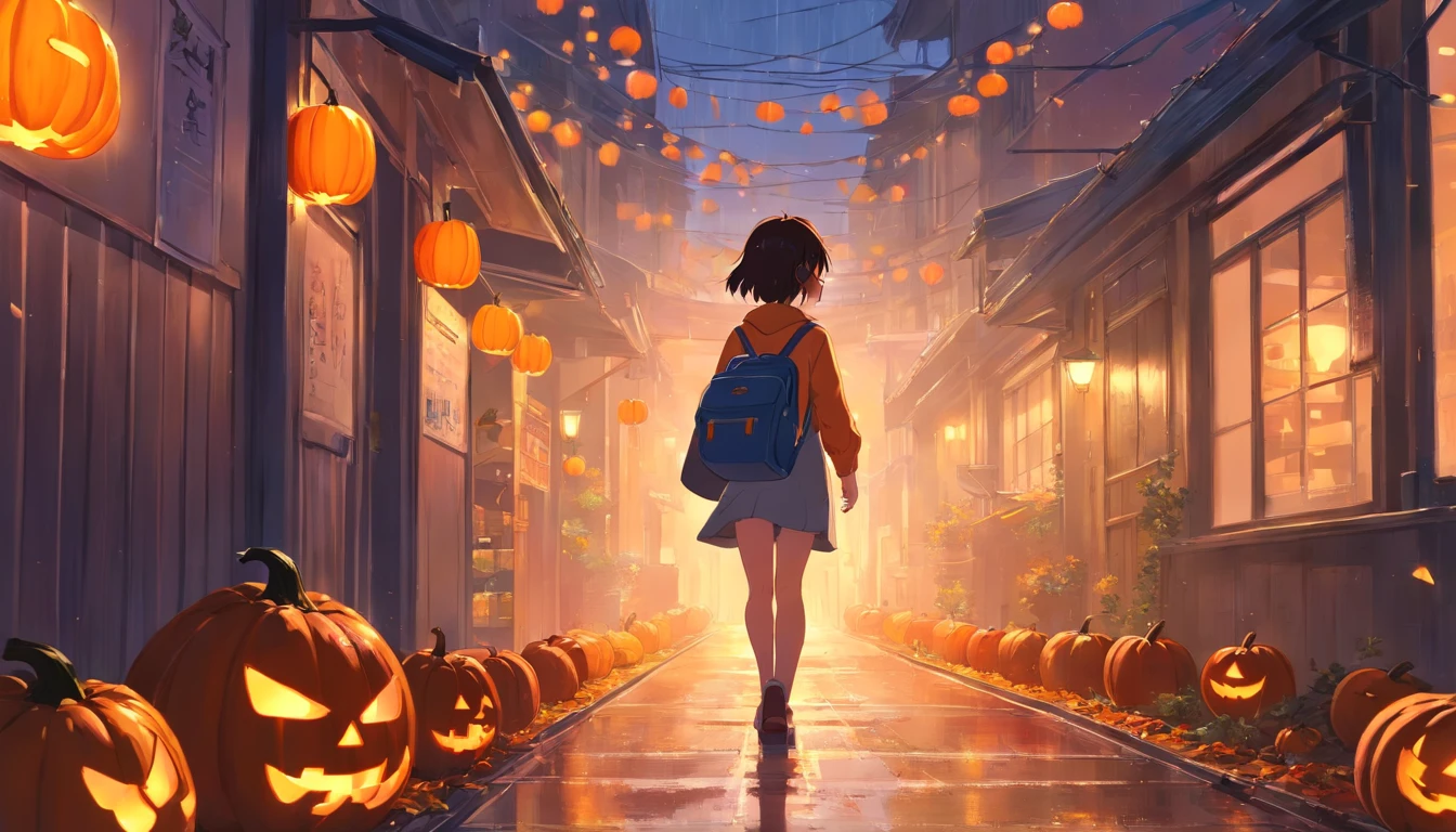 A nerdy girl is walking down a dark path decorated with halloween pumpkins, while it rains, with a book in her hands, makoto shiing, highly detailed, incredible quality, trending in artstation animenkai and studio ghibli, dramatic light