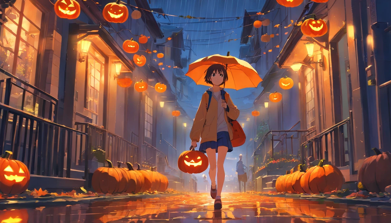 A nerdy girl is walking down a dark path decorated with halloween pumpkins, while it rains, with a book in her hands, makoto shiing, highly detailed, incredible quality, trending in artstation animenkai and studio ghibli, dramatic light