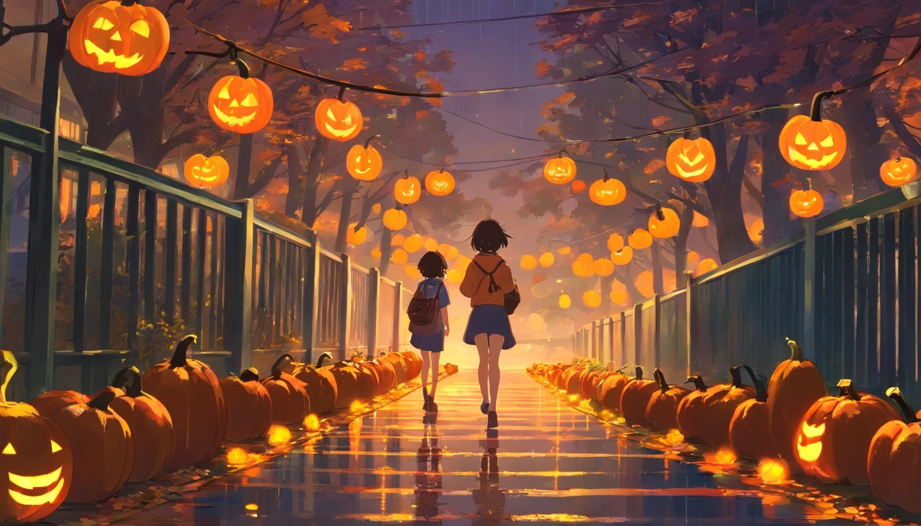 A nerdy girl is walking down a dark path decorated with halloween pumpkins, while it rains, with a book in her hands, makoto shiing, highly detailed, incredible quality, trending in artstation animenkai and studio ghibli, dramatic light