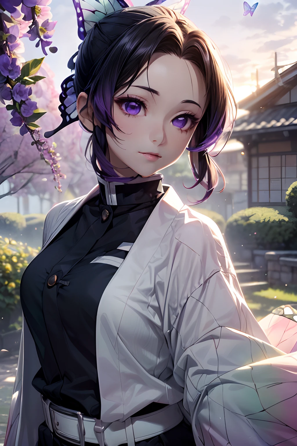 Ultra-realistic 8K CG, tmasterpiece, ( (Ultra detailed backgrounds, delicate patterns, Complicated details)
Best
quality at best, very vey very detailed face, very detailed eyes and faces, Very detailed eyes, Kochou Shinobu, O cabelo multicolorido, No bangs, hair intakes, Purple eye, haori, butterflys, obi strip, (trpical garden: 1.2) , purple flower, mostly cloudy sky, rays of sunshine, Tyndall effect, Gradient_sky, the face, beautiful sky, Saber on the waist, captivating posture,
