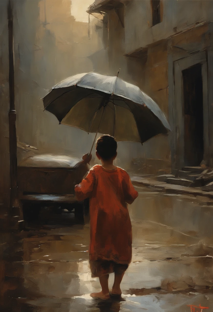 painting of two children with umbrellas and a dog in the rain, by Candido Portinari, by Watanabe Kazan, by Armin Baumgarten, by Fujishima Takeji, by Jerry Pinkney, by Tsubasa Nakai, by Tibor Rényi, by Ye Xin, by Kamisaka Sekka, inspired by Candido Portinari