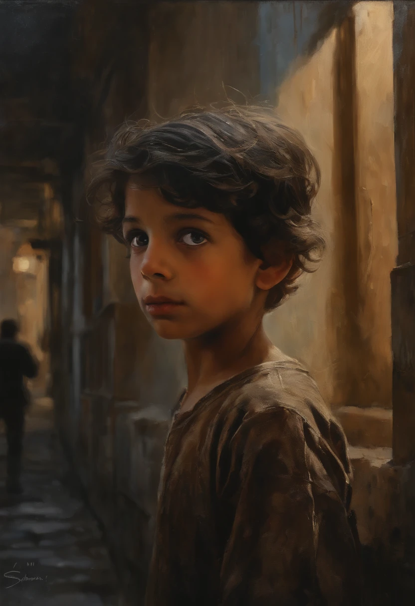 An impressive scene of a little palestinean kid with tears in its eyes in gaza looking at the rain from bombed streets of its house dressed in rags, relief, oil painting, thin smooth lines, long strokes, light delicate shades, clear contours. + 36.5mm f0 cinematic quality, + style by Jeremy Mann, Peter Elson, Alex Maleev, Ryohei Hase, Raphael Sanzio, Pino Daeni, Charlie Bowater, Albert Joseph Penaud, Ray Caesar, HR Giger, Gustave Dore, Stephen Gammell, masterpiece, perfect anatomy, beautiful face, artistic portrait, multi-layered sheets, techniques used: sfumato, chiaroscuro, atmospheric perspective, acrylic painting, trends on pixiv fanbox, palette knife and brush strokes, makoto shinkai style Jamie Wyeth James Gillard Edward Hopper Greg Rutkowski studio Ghibli genshin Impact, paintin