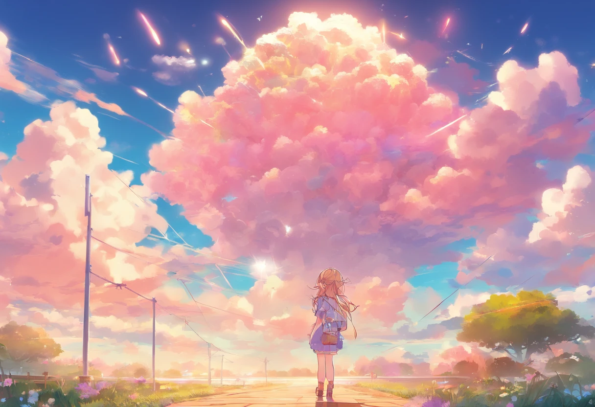 1 girl, eye, close up, Beautiful night sky, meteor shower, Beyond the Clouds, Enclosed water, Reflectors, Wide Angels, Breathtaking clouds, Wide Angle, by makoto shinkai, tomas kinkade, by james gilleard, by Holosomnia Landscape, nffsw, Volumetric lighting, Ray tracing, with an intricate, high details, Very detailed, deviantart, 4k vertical wallpaper,, Colorful, airy, Anime Illustration, anime nature wallpaper
