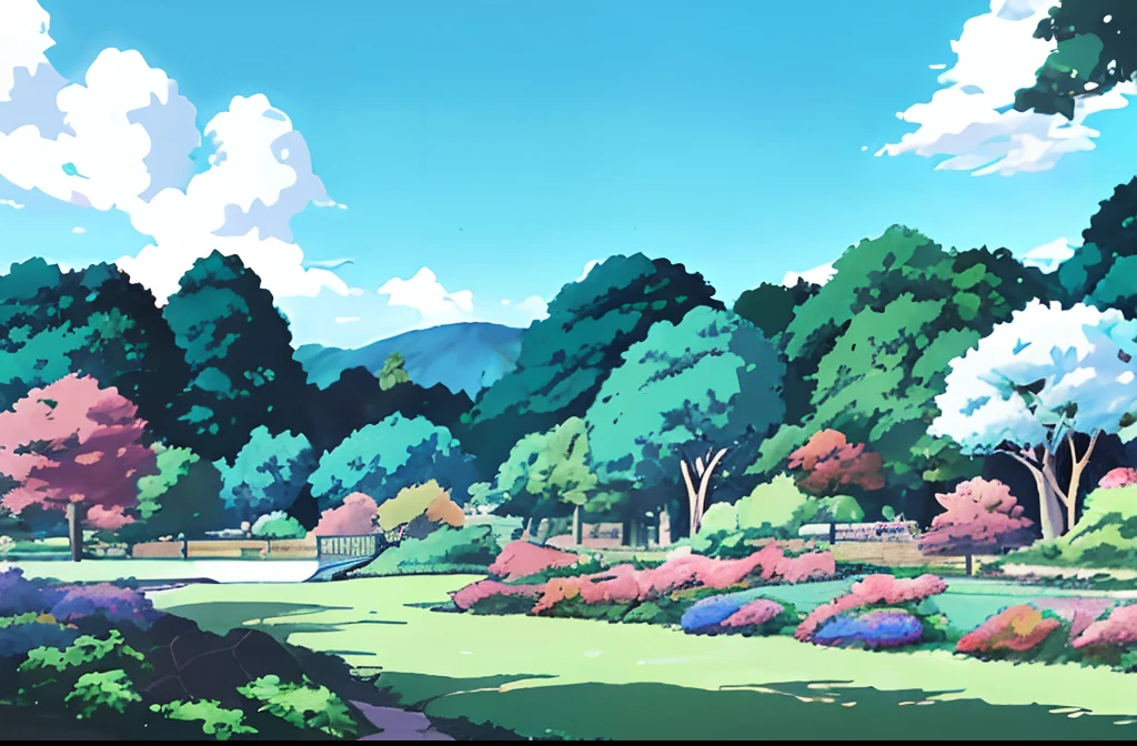 There is a cartoon picture,Beautiful park with trees on it, anime countryside landscape, anime lush john 8k woods, Anime landscape, Anime Nature, Anime background art, View of Ghibli Studio, anime landscape wallpapers, Anime landscapes, anime backgrounds, Ghibli Studio Environment, colorful anime movie background, beautiful anime scenery, Detailed scenery —width 672, arte de fundo, landscape artwork
