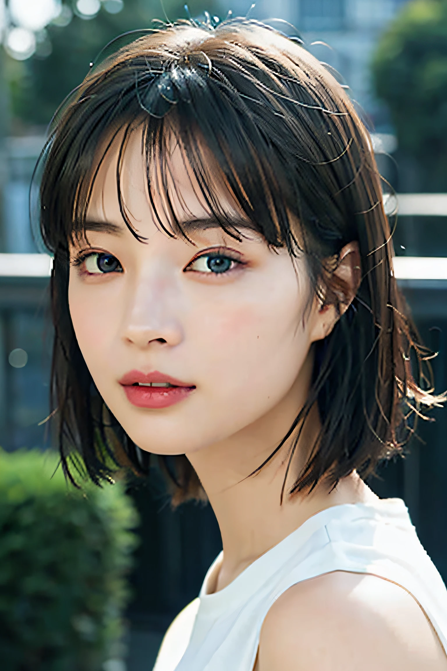 ((Top Quality, 8K, Masterpiece: 1.3)), Sharp: 1.2, Perfect Body Beauty: 1.4, Slim Abs: 1.2, ((Layered Hairstyle, Big: 1.2)), Dancer, (Rain, Street: 1.2), Wet: 1.5, Highly Detailed Face and Skin Texture, Detailed Eyes, Double Eyelids, Aspect Looking at Camera