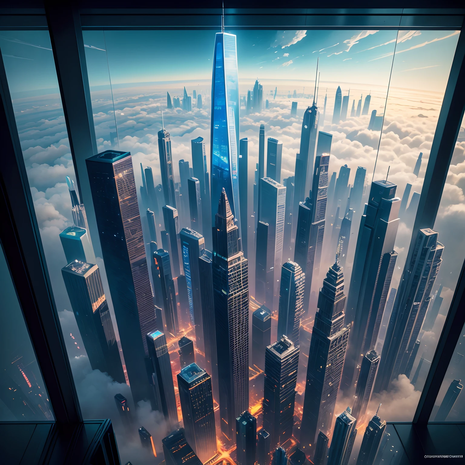 SFDrawn in the world、Rows of glass-walled skyscrapers at a height that pierces through the clouds、Cyberpunk city,masterpiece,8K,epcot,planet earth,Space City,dream,The height of the building10There are times,超A high resolution,Masterpiece,