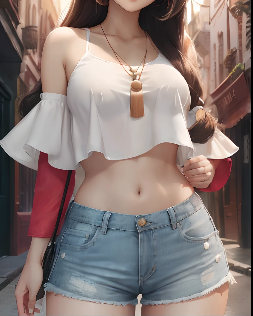 ((Best Quality, 8K, Masterpiece: 1.3)), (Flower Cap: 1.3), Focus: 1.2, Perfect Body Beauty: 1.4, Buttocks: 1.2, (Layered Haircut: 1.2)), (Dark Street: 1.3), Highly Detailed Face and Skin Texture, Full Body, Delicate Eyes, Double Eyelids, Whitened Skin, Long Hair, (Round Face: 1.5), (Loose Crop Top, Shorts: 1.6) --auto