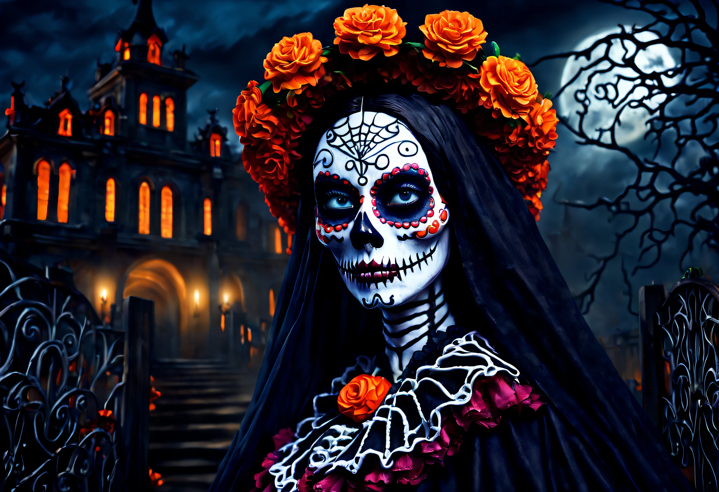 (best quality, 4k, 8k, high resolution, masterpiece: 1.2), ultra detailed, (realistic, photorealistic, photorealistic: 1.37),(An image of a creepy catrina in the foreground:1.42), Halloween scene with a castle and pumpkins. The castle is in the background and is dark and sinister. The path is lined with pumpkin lanterns and other Halloween decorations. The sky is dark and cloudy, creating an eerie and sinister atmosphere.