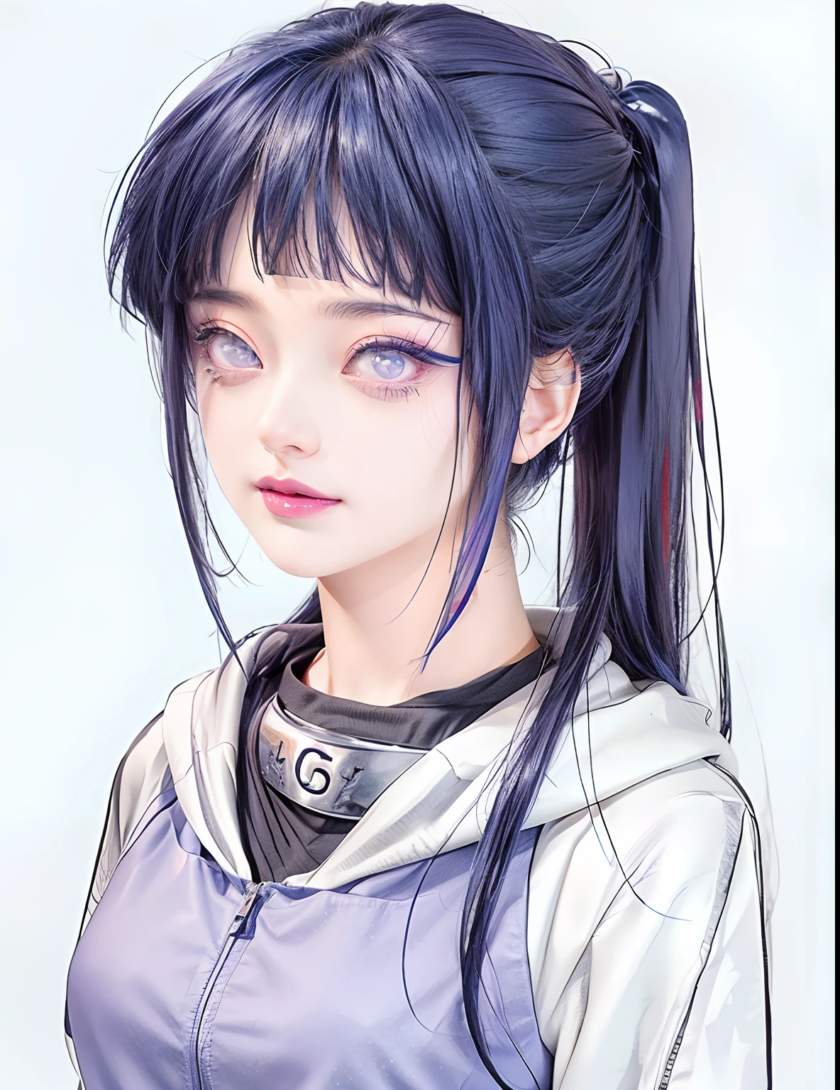 a close up of a person with long hair and a hoodie, hinata hyuga, hinata hyuga from naruto, from naruto, as an anime character, perfect anime face, she has dark blue hair with bangs, female anime character, anime character, anime best girl, hime cut hairstyle, dark blue hair, (red glossy lips:1.3), light purple eyes