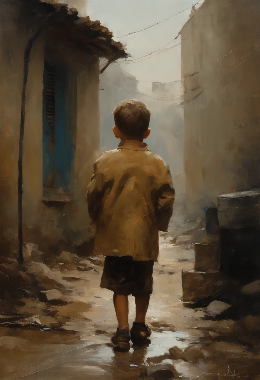 An impressive scene of a small Palestinian child in tears in the Gaza Strip, looking at the rain from the bombed street of a house dressed in rags, Relief, Oil Painting, Thin and smooth lines, Long stroke, Light and delicate shades, Contour sharpening. + 36.5mm f0 cinematic image quality, + Style Creation: Jeremy Mann, Peter Elson, Alex Maleyev, Ryohei Hase, Rafael Sanzio, Danny Pine, Charlie Bowater, Albert Joseph Penault, Ray Caesar, HR Giger, Gustave Dorr, Stephen Gamel, Masterpiece, perfect anatomia, beautifull face, Artistic portraiture, Multi-layer sheet, Techniques used: Disappeared, chiaroscuro, atmospheric perspective, Acrylic painting, Pixiv Fanbox Trend, Pallet knife and brush stroke, Makoto Shinkai Style Jamie Wyeth James Gillard Edward Hopper Greg Lutkovsky Studio Ghibli Genshin Impact, Paint Inn