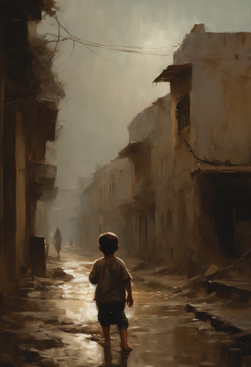 An impressive scene of a Palestinian childears in the Gaza Strip, looking at the rain from the bombed street of a house dressed in rags, Relief, Oil Painting, Thin and smooth lines, Long stroke, Light and delicate shades, Contour sharpening. + 36.5mm f0 cinematic image quality, + Style Creation: Jeremy Mann, Peter Elson, Alex Maleyev, Ryohei Hase, Rafael Sanzio, Danny Pine, Charlie Bowater, Albert Joseph Penault, Ray Caesar, HR Giger, Gustave Dorr, Stephen Gamel, Masterpiece, perfect anatomia, beautifull face, Artistic portraiture, Multi-layer sheet, Techniques used: Disappeared, chiaroscuro, atmospheric perspective, Acrylic painting, Pixiv Fanbox Trend, Pallet knife and brush stroke, Makoto Shinkai Style Jamie Wyeth James Gillard Edward Hopper Greg Lutkovsky Studio Ghibli Genshin Impact, Paint Inn