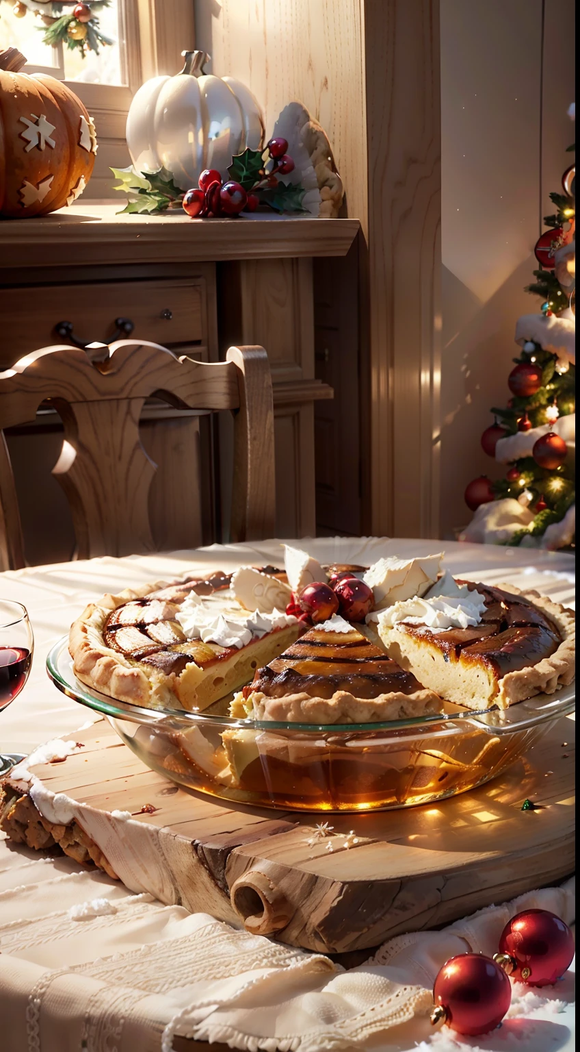 Extreme close-up,Clear,tmasterpiece,Christmas table,It stores delicious food,red wine,grilled chicken,Pumpkin pie,gingerbread,Bright natural light,Surrounded by several beautiful gift boxes,liveroom,C4D,Empty product display scene,Positive perspective,first-person view