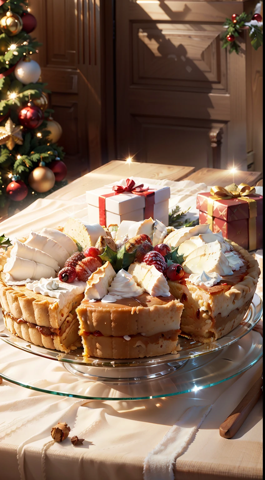 Extreme close-up，Clear，tmasterpiece，Christmas table，It stores delicious food，red wine，grilled chicken，Pumpkin pie，gingerbread，Bright natural light，Surrounded by several beautiful gift boxes，liveroom，C4D，Empty product display scene，Positive perspective，first-person view