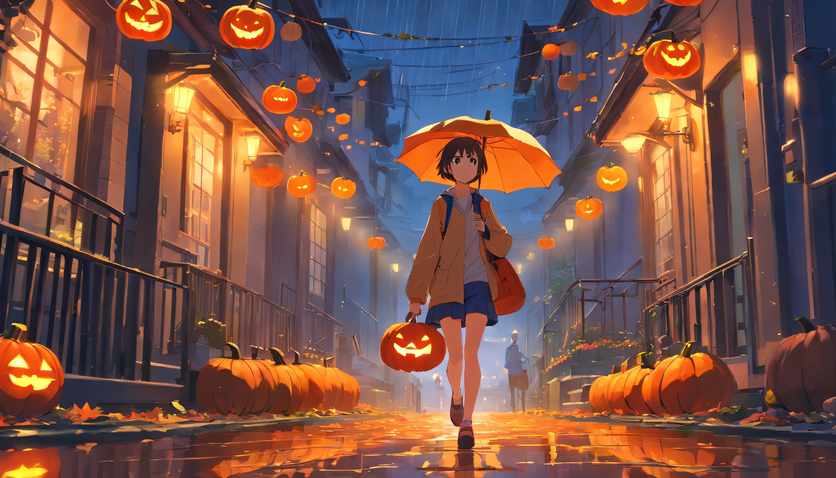 A nerdy girl is walking down a dark path decorated with halloween pumpkins, while it rains, with a book in her hands, makoto shiing, highly detailed, incredible quality, trending in artstation animenkai and studio ghibli, dramatic light