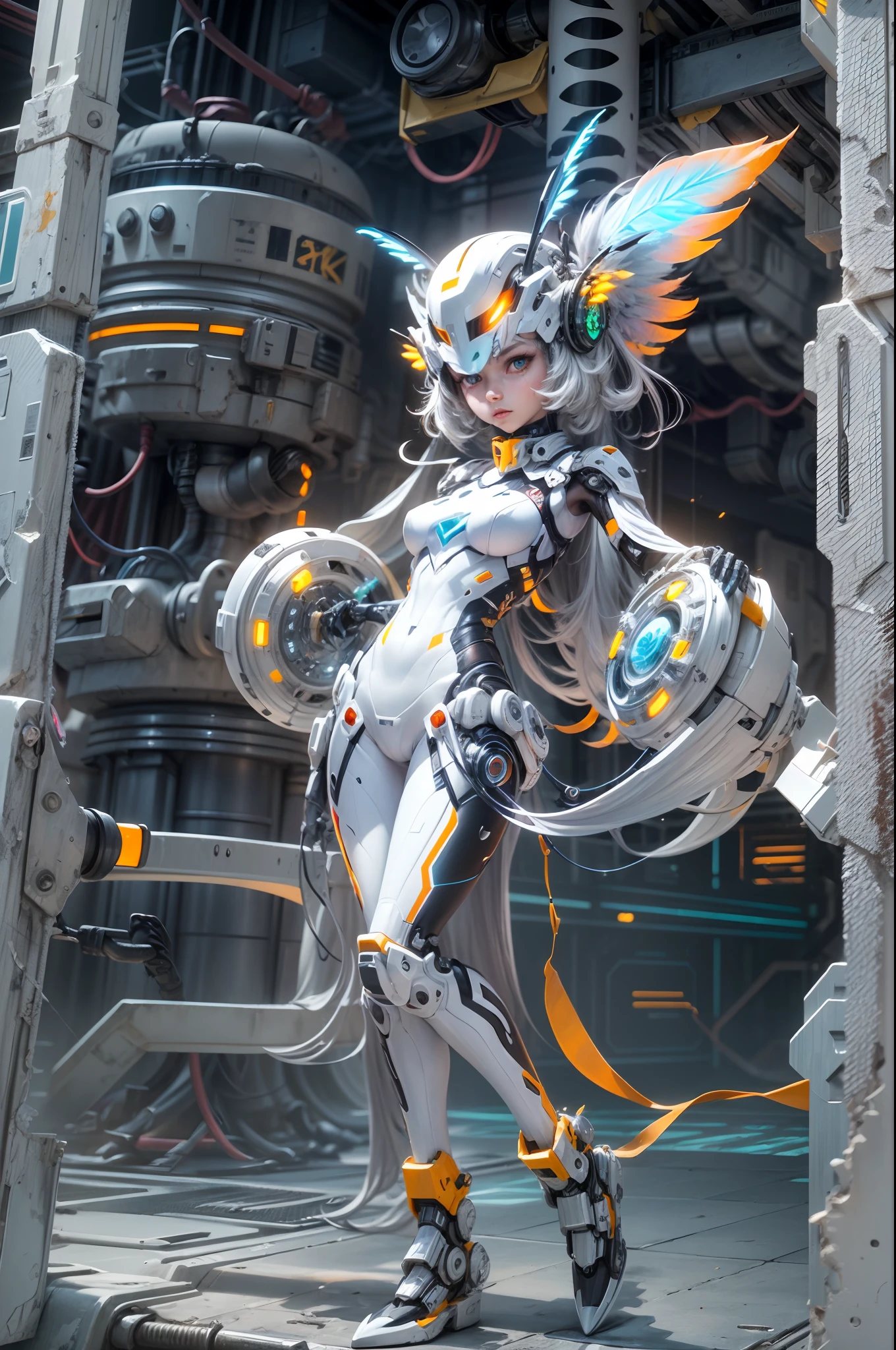(Best quality, 8K, A high resolution, tmasterpiece, Ultra-detailed), (Futuristic robot girl: 1.2), full bodyesbian, colorful neon,High-tech mechanical parts, Metal hands and wings, Metal head and mouth, Metal feathers, Extremely cool, Metal legs, Bionic eye, Detailed feather design, sharpest, hovers in mid-air, Electric white and vivid orange, Vivid glowing eyes, Reflective metal surface, Gloomy environment, Dynamic pose, imposing presence, Technological progress, Interlocking mechanical gears, Dynamic and stylish design, motion blur effect, meticulous craftsmanship, Sci-fi atmosphere, Streamlined aerodynamic shape, Laser scanning pattern, holographic projections, Light-emitting circuit lines, hauntingly beautiful, Otherworldly precision, Advanced sensors, Complex algorithms, Ominous and mysterious atmosphere, electric sparks, Shiny chrome plating, Futuristic propulsion system
