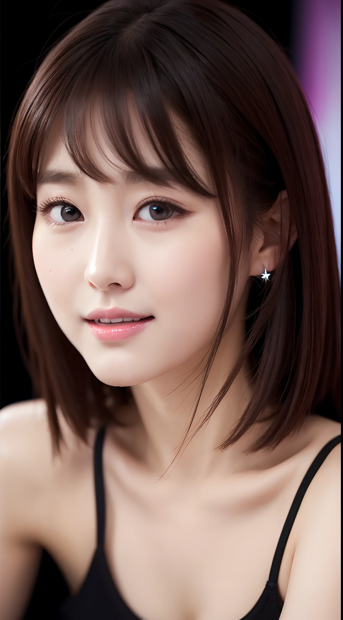 Realistic photos of (1 cute Korean star) medium hair, thin makeup, slightly smile, 32 inch breasts size, wearing v-neck tank top, pants, in karaoke room, close-up portrait, cinematic lightning, UHD