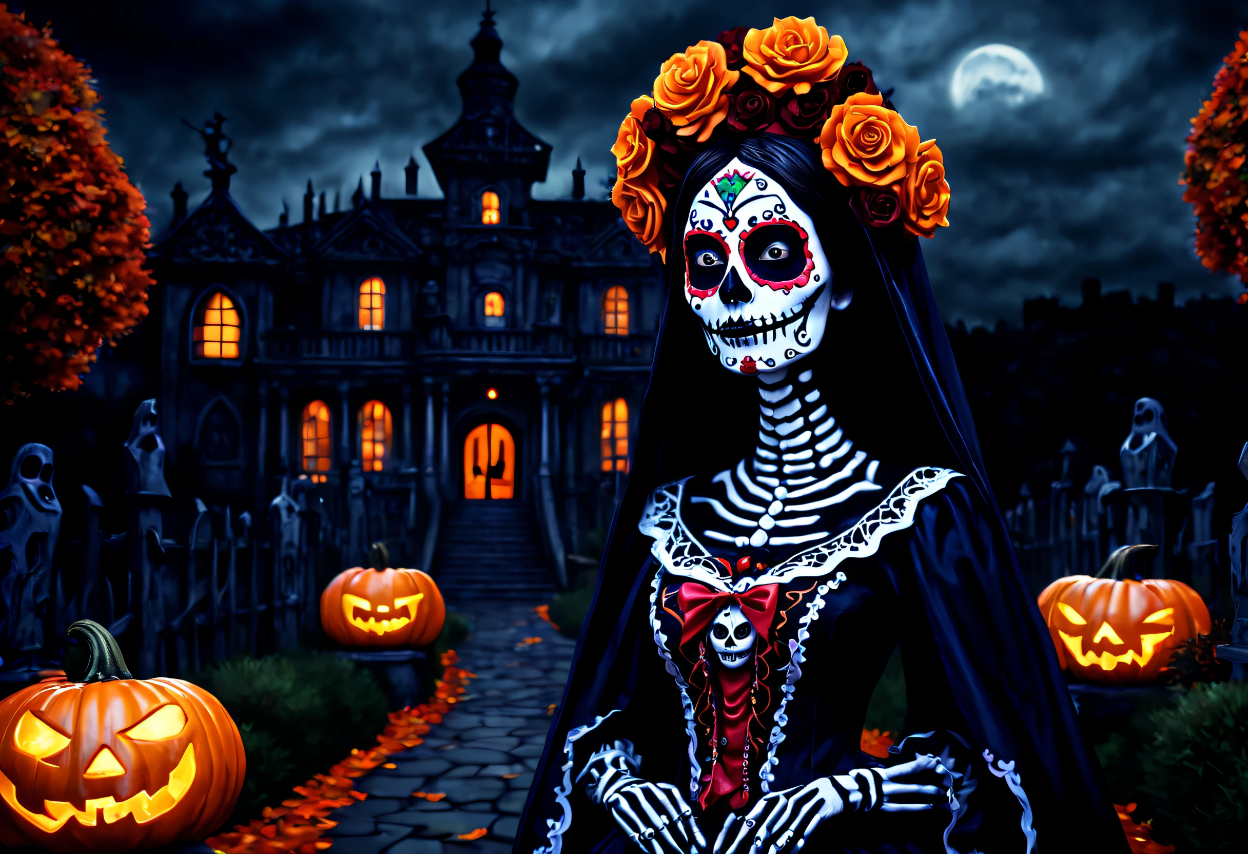 (best quality, 4k, 8k, high resolution, masterpiece: 1.2), ultra detailed, (realistic, photorealistic, photorealistic: 1.37),(An image of a creepy catrina in the foreground:1.42), Halloween scene with a castle and pumpkins. The castle is in the background and is dark and sinister. The path is lined with pumpkin lanterns and other Halloween decorations. The sky is dark and cloudy, creating an eerie and sinister atmosphere.