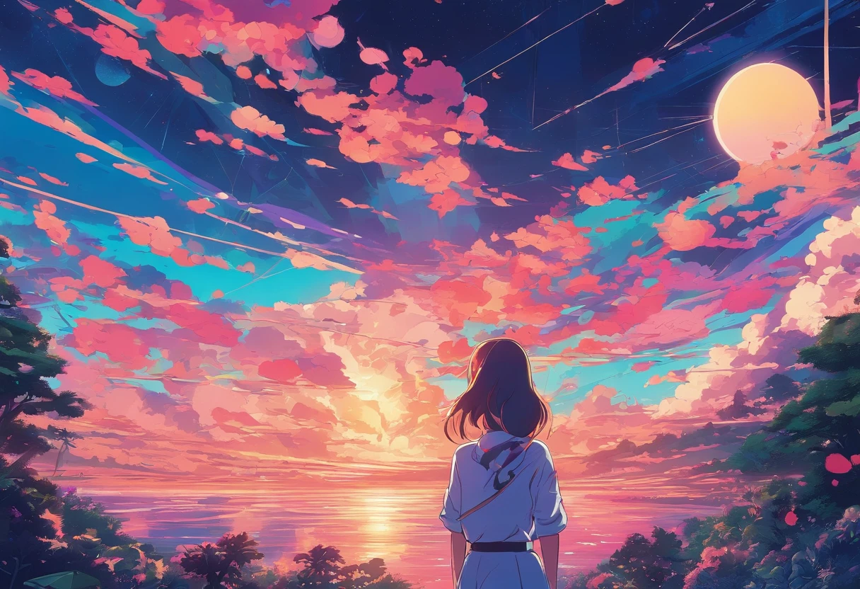 1 girl, eye, close up, Beautiful night sky, meteor shower, Beyond the Clouds, Enclosed water, Reflectors, Wide Angels, Breathtaking clouds, Wide Angle, by makoto shinkai, tomas kinkade, by james gilleard, by Holosomnia Landscape, nffsw, Volumetric lighting, Ray tracing, with an intricate, high details, Very detailed, deviantart, 4k vertical wallpaper,, Colorful, airy, Anime Illustration, anime nature wallpaper