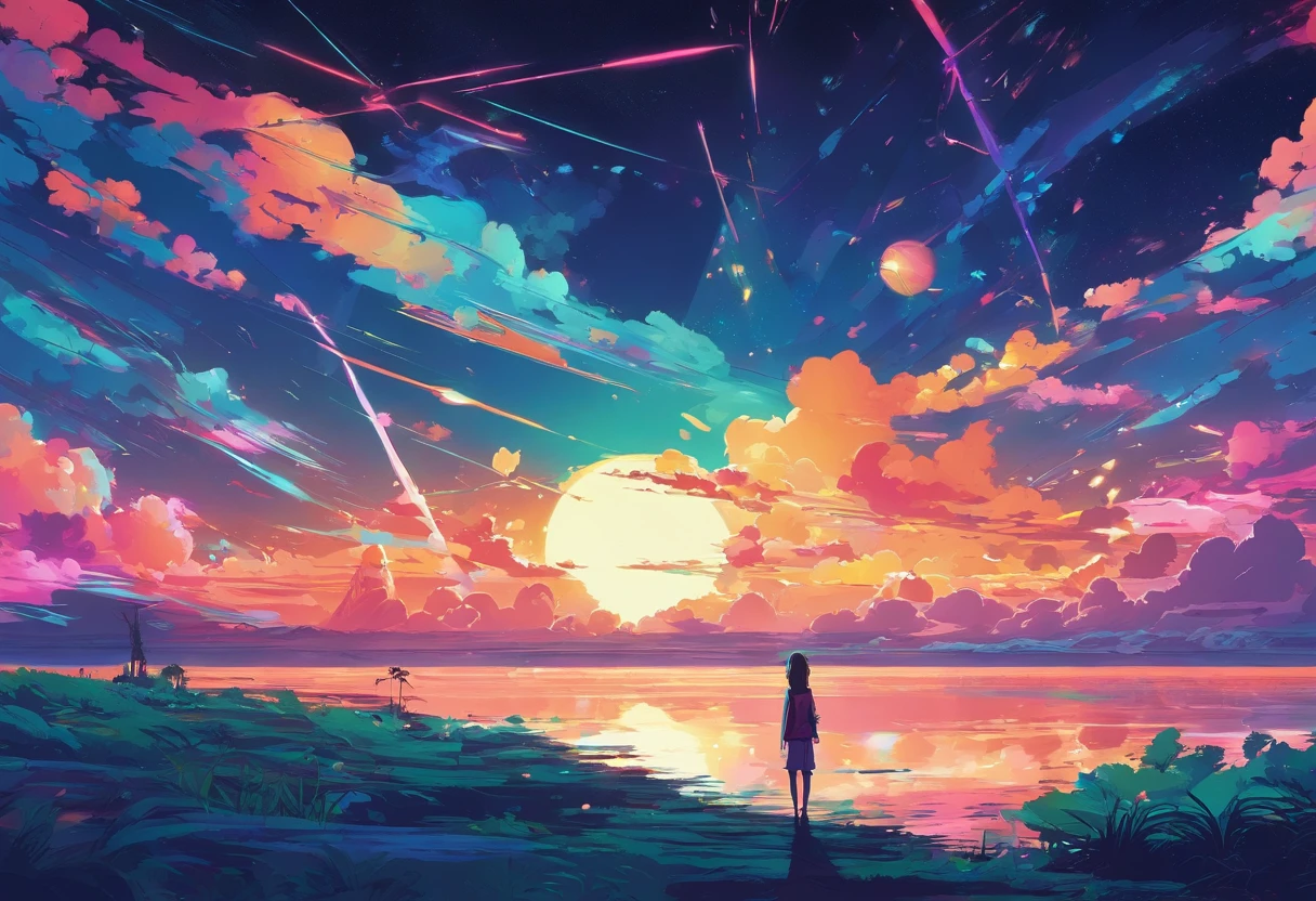 1 girl, eye, close up, Beautiful night sky, meteor shower, Beyond the Clouds, Enclosed water, Reflectors, Wide Angels, Breathtaking clouds, Wide Angle, by makoto shinkai, tomas kinkade, by james gilleard, by Holosomnia Landscape, nffsw, Volumetric lighting, Ray tracing, with an intricate, high details, Very detailed, deviantart, 4k vertical wallpaper,, Colorful, airy, Anime Illustration, anime nature wallpaper