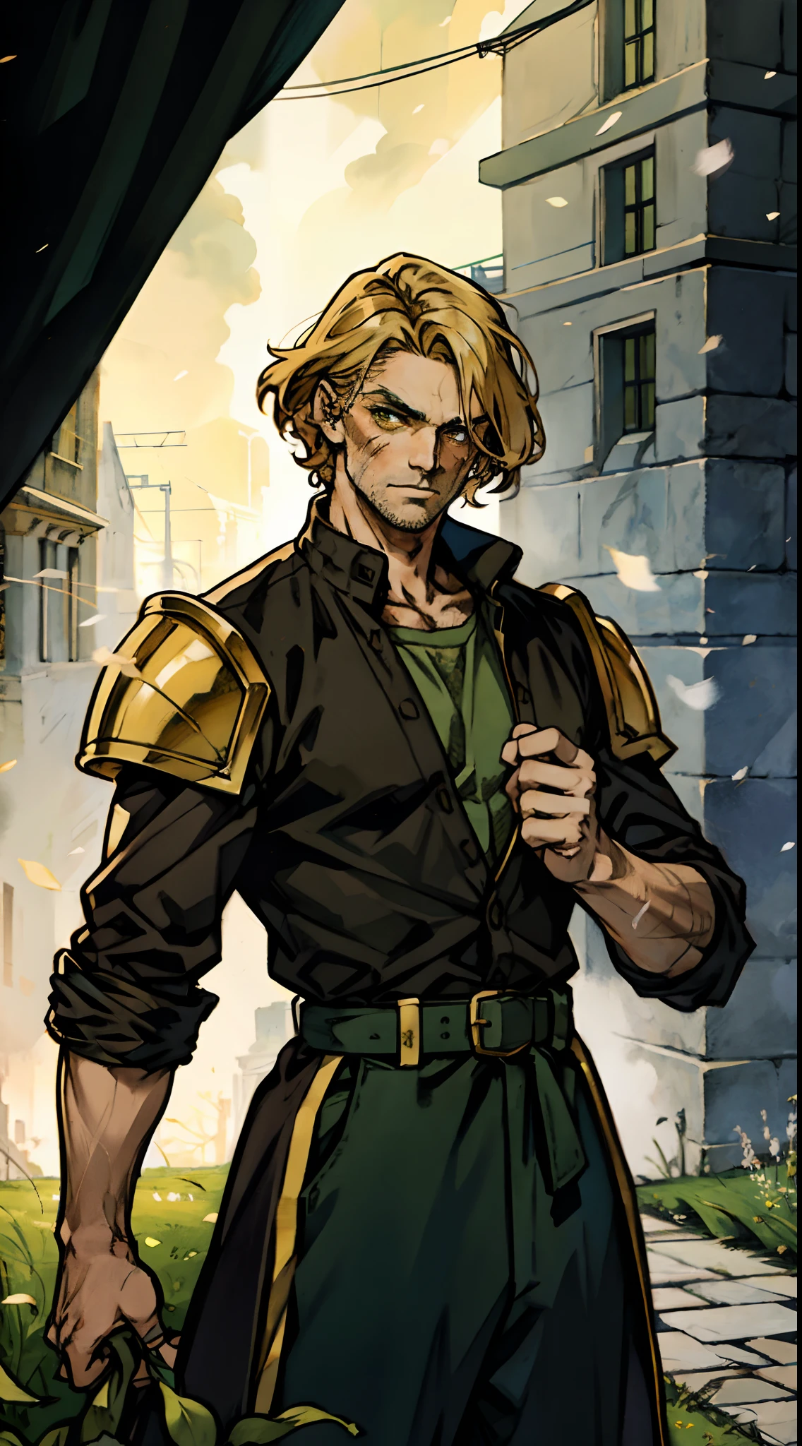 A middle-aged man with short golden hair, thick hair, a large cross scar on his face, has gentle eyes, a calm expression, a fantasy-style coat with leaf-shaped chest armor, the color scheme is mainly grass green, with earthy yellow as secondary colors, a belt around his waist, coarse cloth trousers, the background shows a medieval fantasy-style street with snowflakes falling, this character embodies a finely crafted fantasy-style soldier in anime style, characterized by an exquisite and mature manga illustration art style, high definition, best quality, highres, ultra-detailed, ultra-fine painting, extremely delicate, professional, anatomically correct, symmetrical face, extremely detailed eyes and face, high quality eyes, creativity, RAW photo, UHD, 8k, Natural light, cinematic lighting, masterpiece:1.5