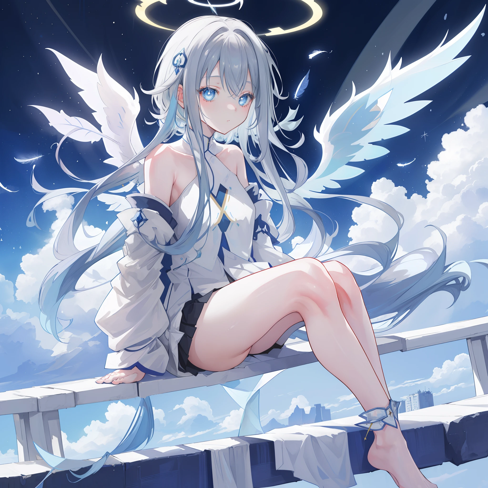 An anime teen girl, ((sitting on the clouds in the sky)), (wearing a skirt), barefoot, cinematic light, slim body with curves, skin is perfectly white, soft, and smooth, ((no nsfw)), Extremely delicate and beautiful CG illustration, best quality, high resolution, dynamic angle, full-length lens, (1 girl), (sitting), soft light, high-key lighting), angel, ((2 pairs of big wings)), glowing light, feathers fluttering background, blue crystal, ((blue glowing halo around her ankle))