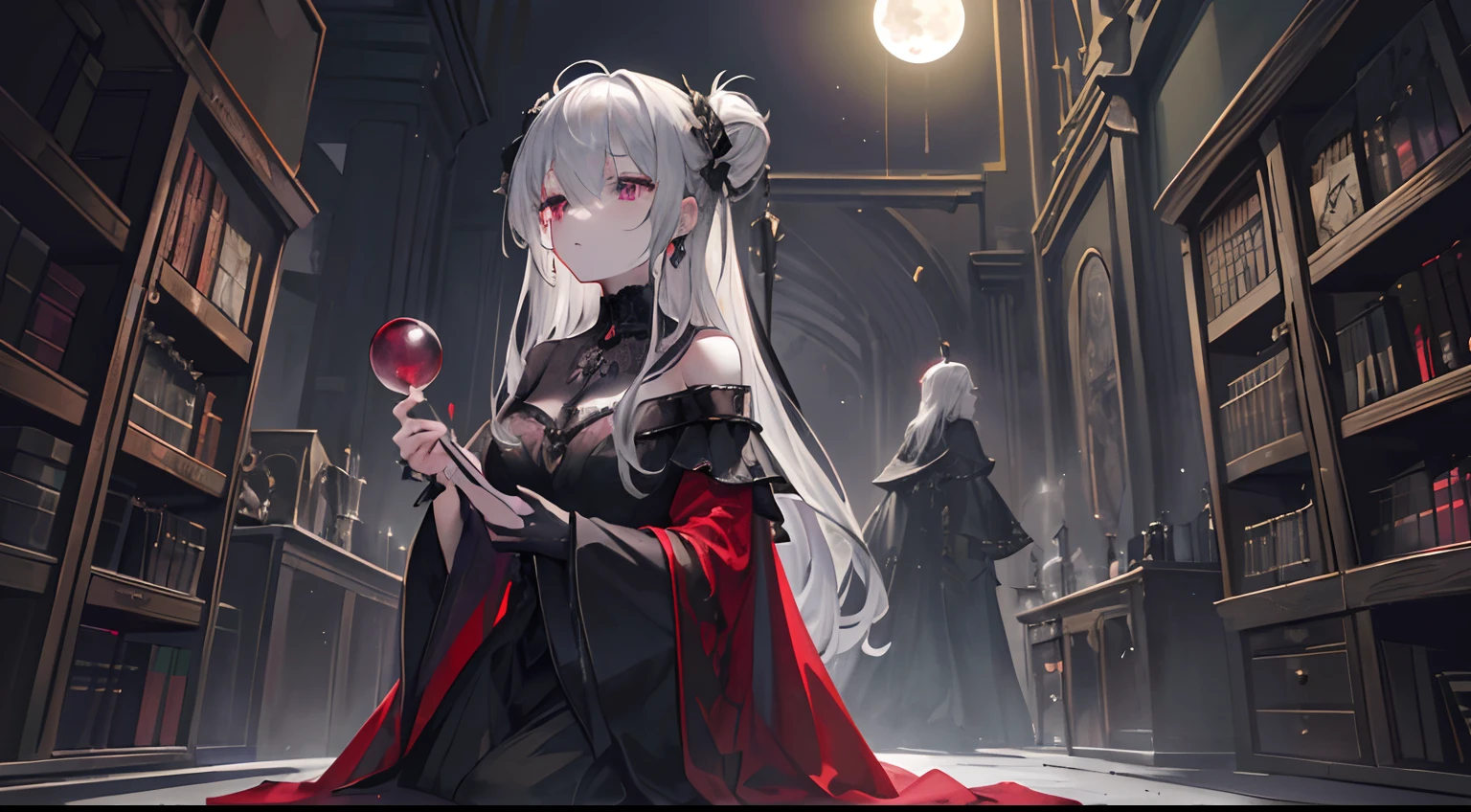 (an alchemist blending potions), (halloween), (gothic vampire vibes), (dark and mysterious atmosphere), (candlelit laboratory), (cobwebs and dusty books), (elixir brewing in a cauldron), (moonlight peeking through the windows), (sinister and haunting), (spooky and enchanting), (blood-red velvet curtains), (mystical and arcane symbols), (pale and ethereal figures), (crimson red roses), (whispers of ancient spells), (ominous shadows), (flickering candlelight), (smoke swirling in the air), (dripping candle wax), (silver and gold moon amulets), (mysterious potions lining the shelves), (crystal ball reflecting the future), (intense and captivating gaze), (full moon in the night sky), (ominous thunderstorm brewing), (mystical creatures lurking in the shadows), (lush and overgrown garden), (medieval castle), (antique chandeliers), (hauntingly beautiful music), (velvet cloaks and lace), (fog rolling in from the forest), (gothic architecture), (spellbinding and enchanting), (dark magic), (hauntingly captivating eyes), (enchanted artifacts), (mystical alchemical equipment), (silver dagger and ruby necklace), (haunted mansion), (secret chambers and hidden passageways), (mysterious and alluring).