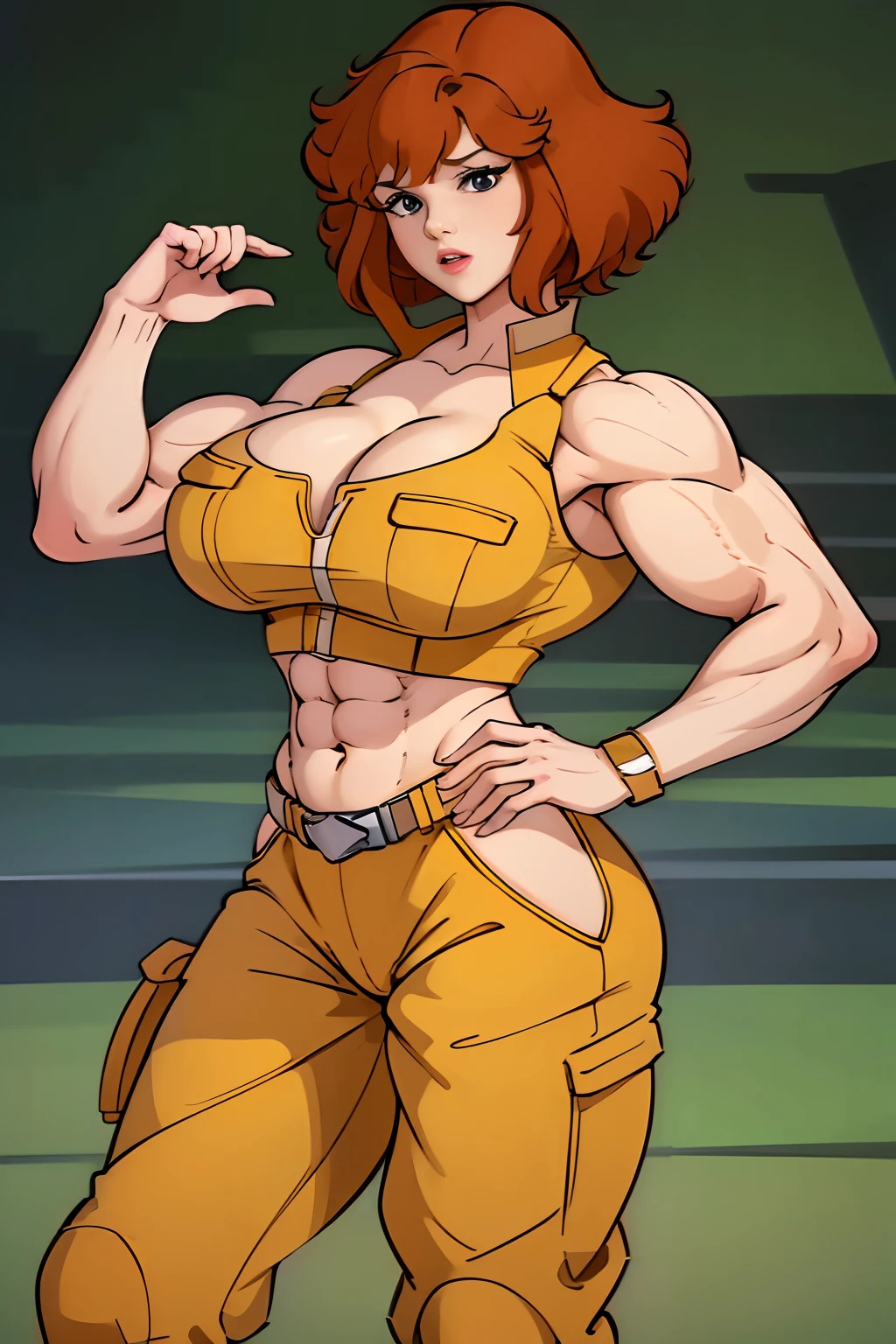 Cowboy shot, April O'Neill, 1980s \(style of\), 1girl, Very muscular girl, brown hair, orange hair, retro artstyle, Short hair, Yellow jumpsuit, , big_, big biceps, wide hips, cleavage