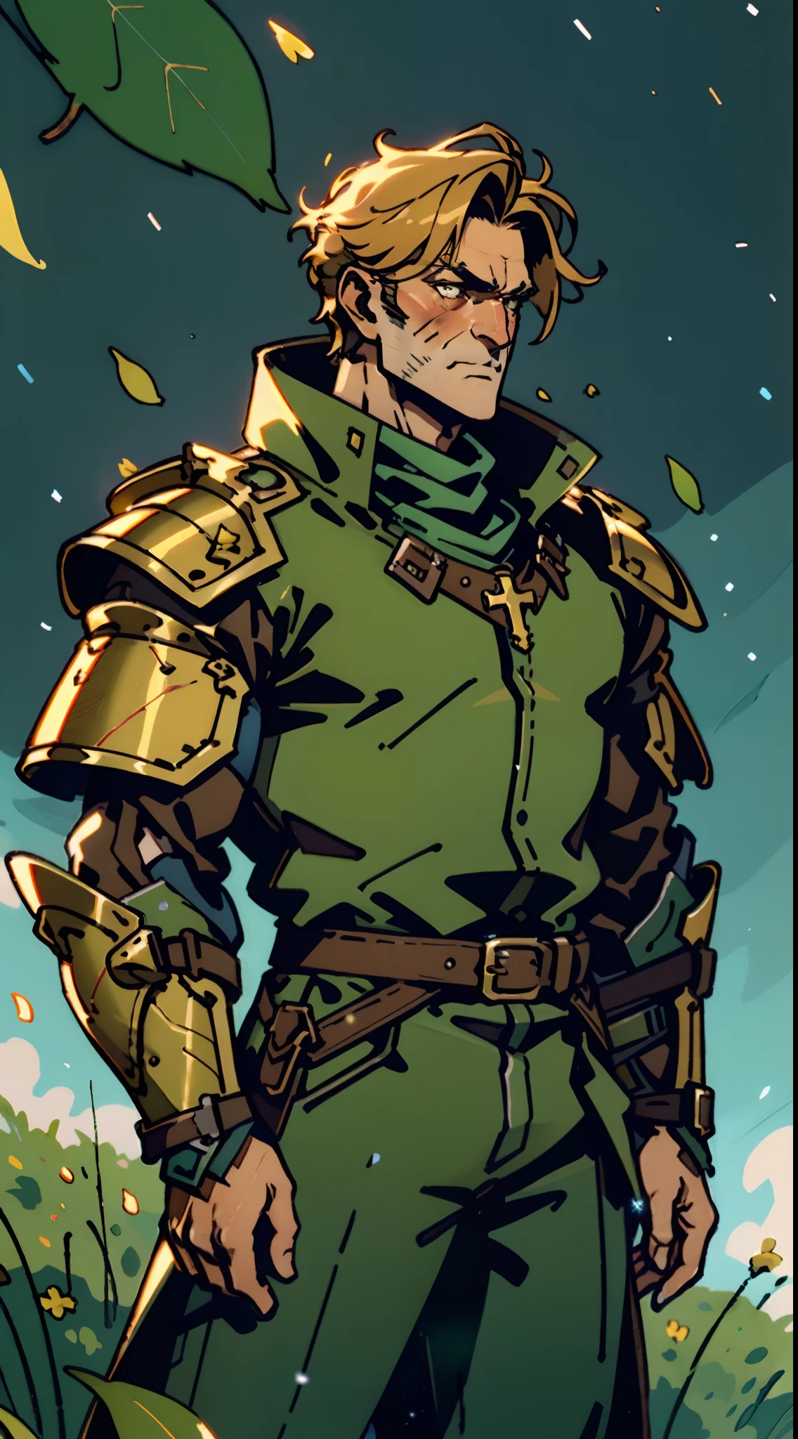 A middle-aged man with short golden hair, thick hair, a large cross scar on his face, has gentle eyes, a calm expression, a fantasy-style coat with leaf-shaped chest armor, the color scheme is mainly grass green, with earthy yellow as secondary colors, a belt around his waist, coarse cloth trousers, the background shows a medieval fantasy-style street with snowflakes falling, this character embodies a finely crafted fantasy-style soldier in anime style, characterized by an exquisite and mature manga illustration art style, high definition, best quality, highres, ultra-detailed, ultra-fine painting, extremely delicate, professional, anatomically correct, symmetrical face, extremely detailed eyes and face, high quality eyes, creativity, RAW photo, UHD, 8k, Natural light, cinematic lighting, masterpiece:1.5